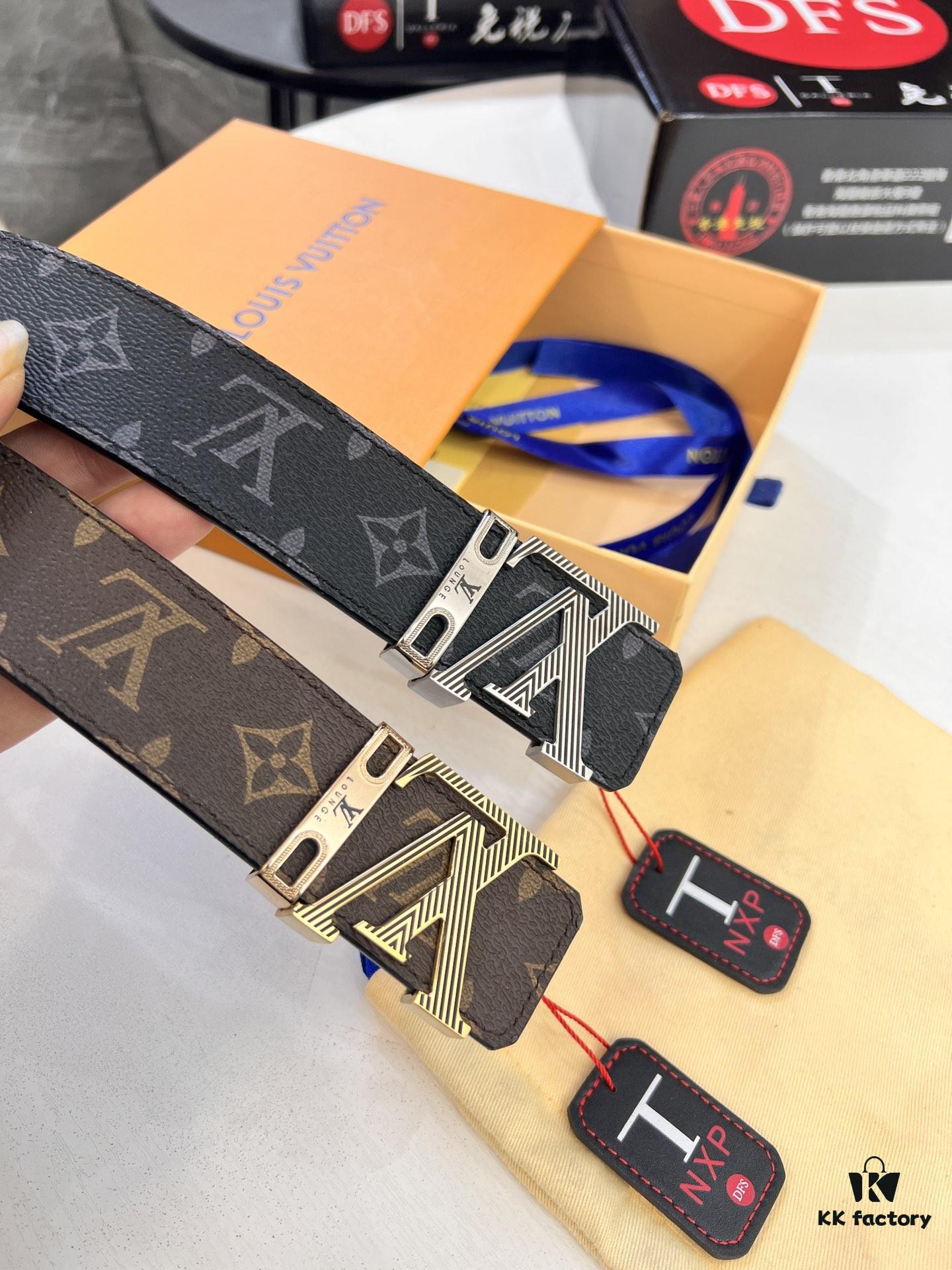 LV Men's Belt, New Arrival, ZP Molded, Matching Classic Check Fabric, Genuine Cowhide Leather, Heavy-Duty Stainless Steel Buckle, 4.0cm Width