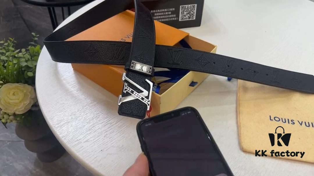 LV New Style Embossed Leather Belt with Diamond-Finished Hardware, Anti-Counterfeit Video Authentication