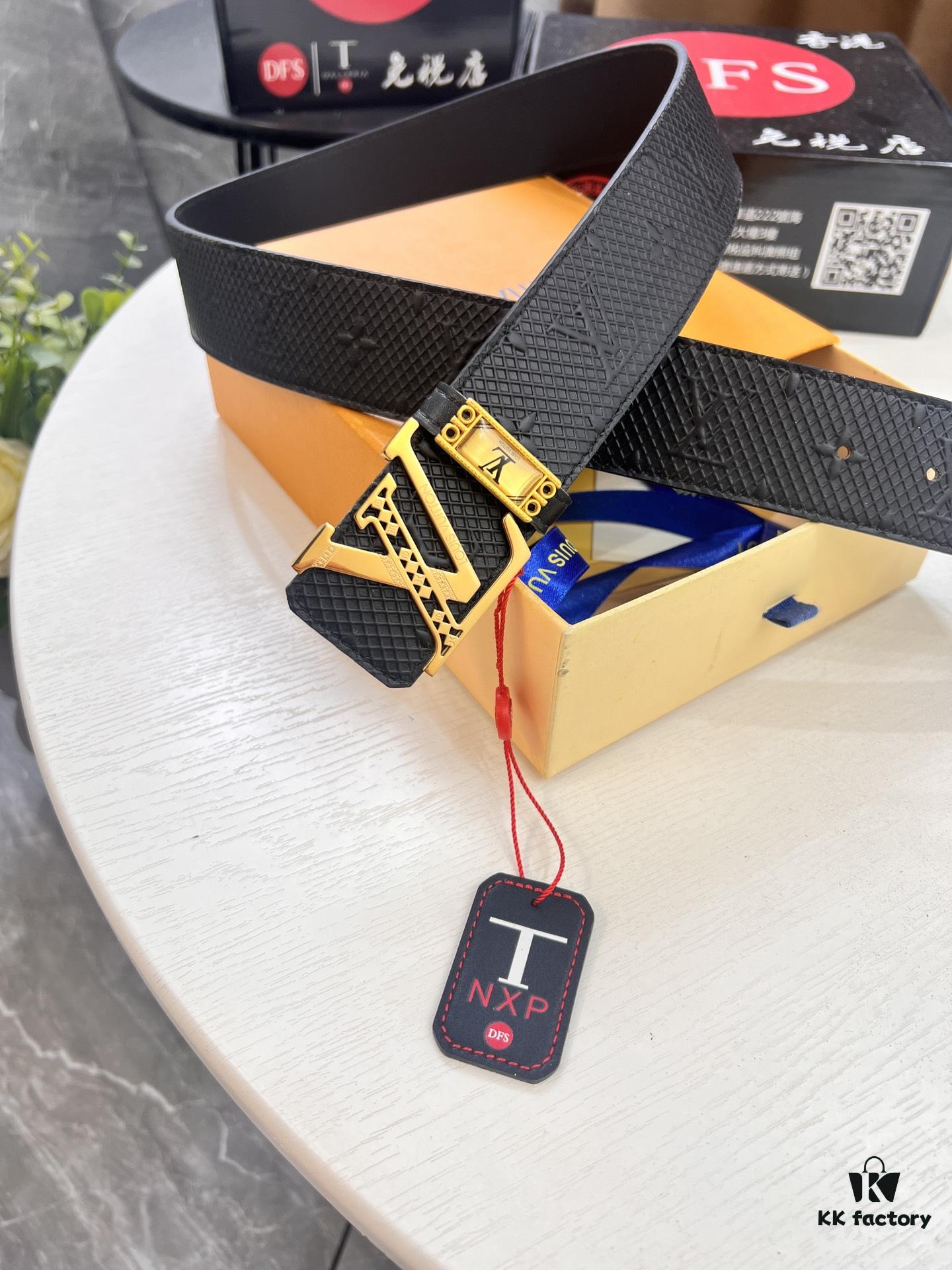 LV Men's Belt, Imported Genuine First-Layer Cowhide, Reversible Design, 3.8cm Width, Premium Quality with NXP Anti-Counterfeit Chip