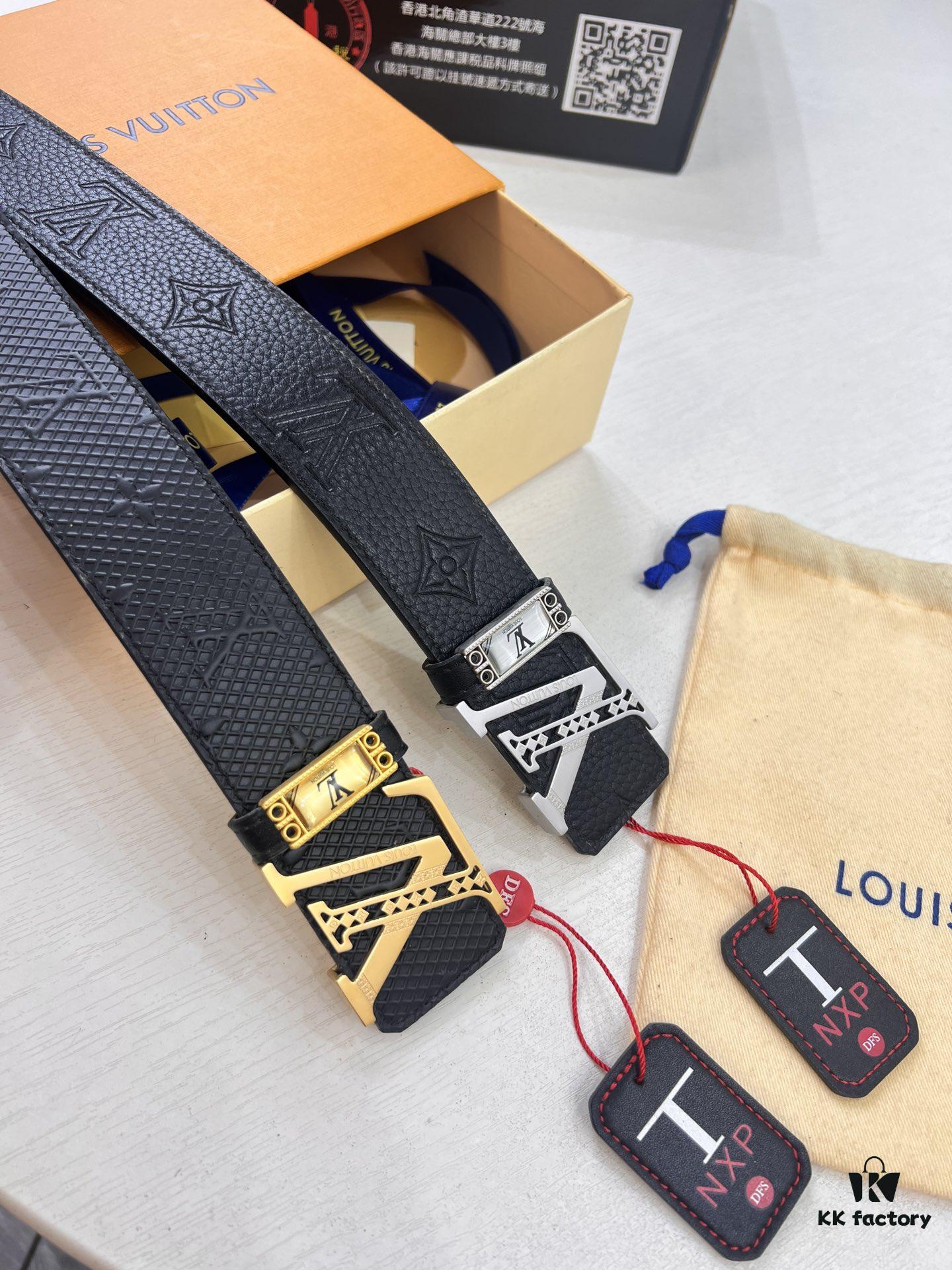 LV Men's Belt, Imported Genuine First-Layer Cowhide, Reversible Design, 3.8cm Width, Premium Quality with NXP Anti-Counterfeit Chip