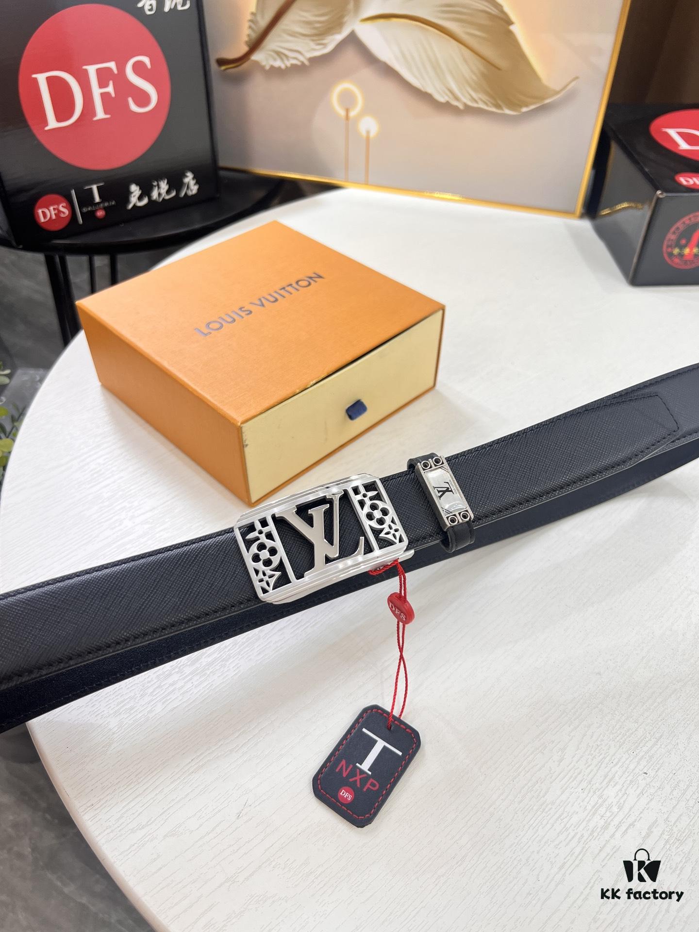 Louis Vuitton Automatic Buckle Belt, Full-Grain Imported Calfskin with Fine Grain Calf Leather, 3.5cm Width, Top-Quality Business Formal Belt