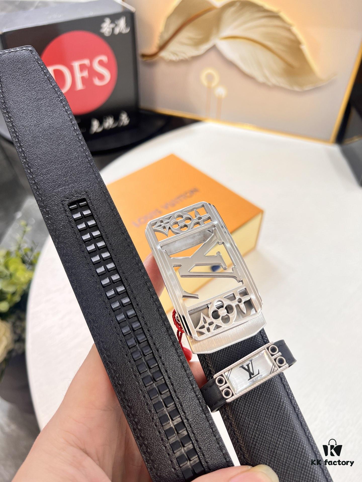 Louis Vuitton Automatic Buckle Belt, Full-Grain Imported Calfskin with Fine Grain Calf Leather, 3.5cm Width, Top-Quality Business Formal Belt