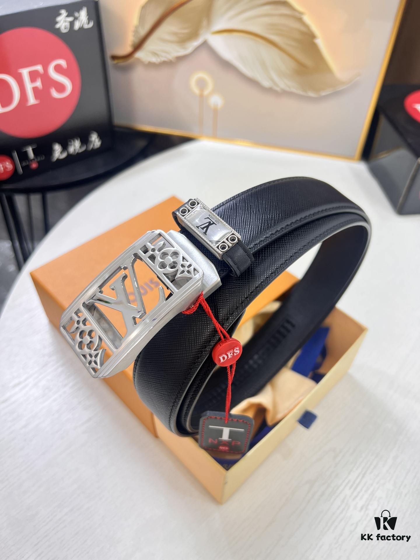 Louis Vuitton Automatic Buckle Belt, Full-Grain Imported Calfskin with Fine Grain Calf Leather, 3.5cm Width, Top-Quality Business Formal Belt