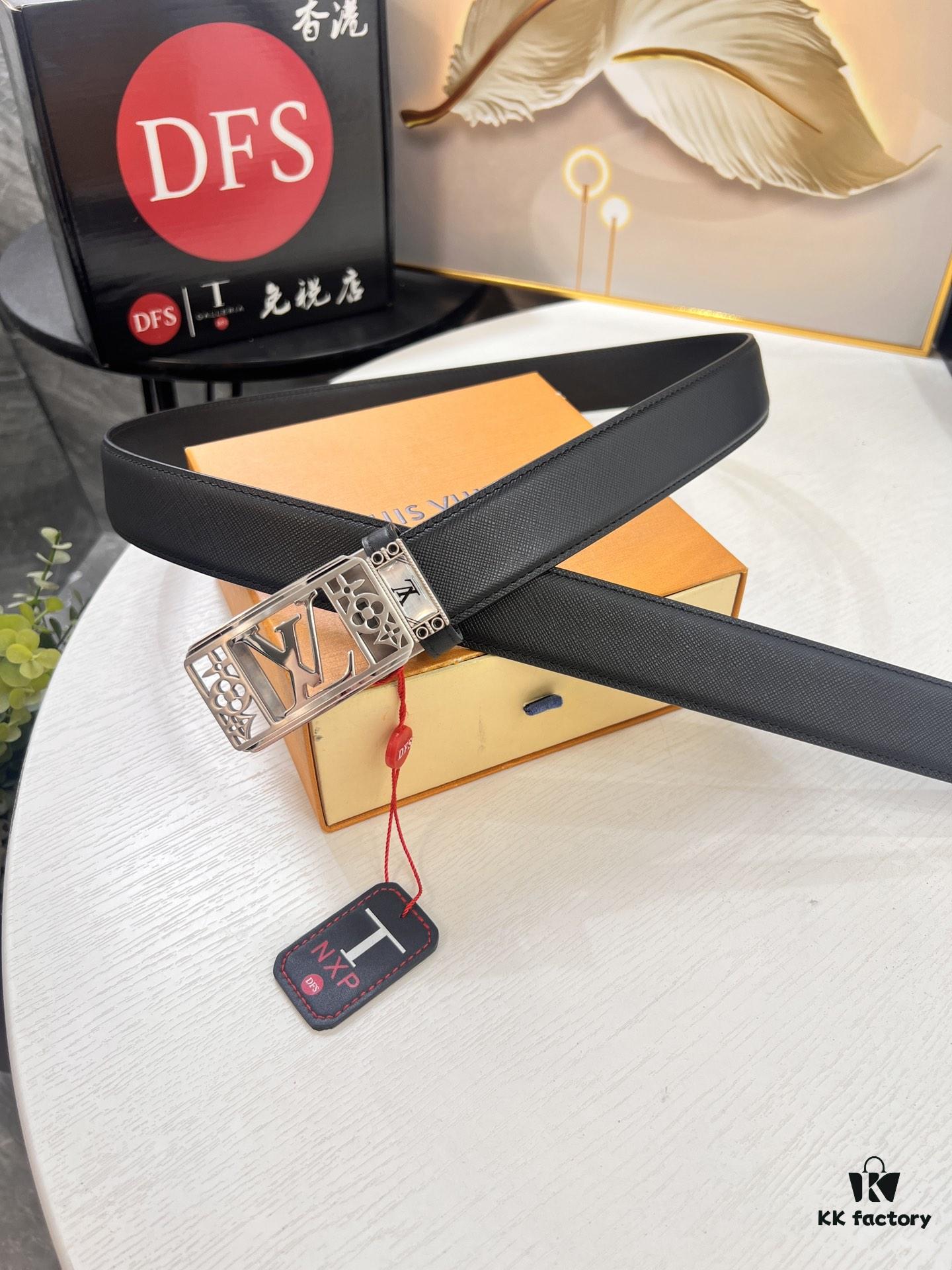Louis Vuitton Automatic Buckle Belt, Full-Grain Imported Calfskin with Fine Grain Calf Leather, 3.5cm Width, Top-Quality Business Formal Belt