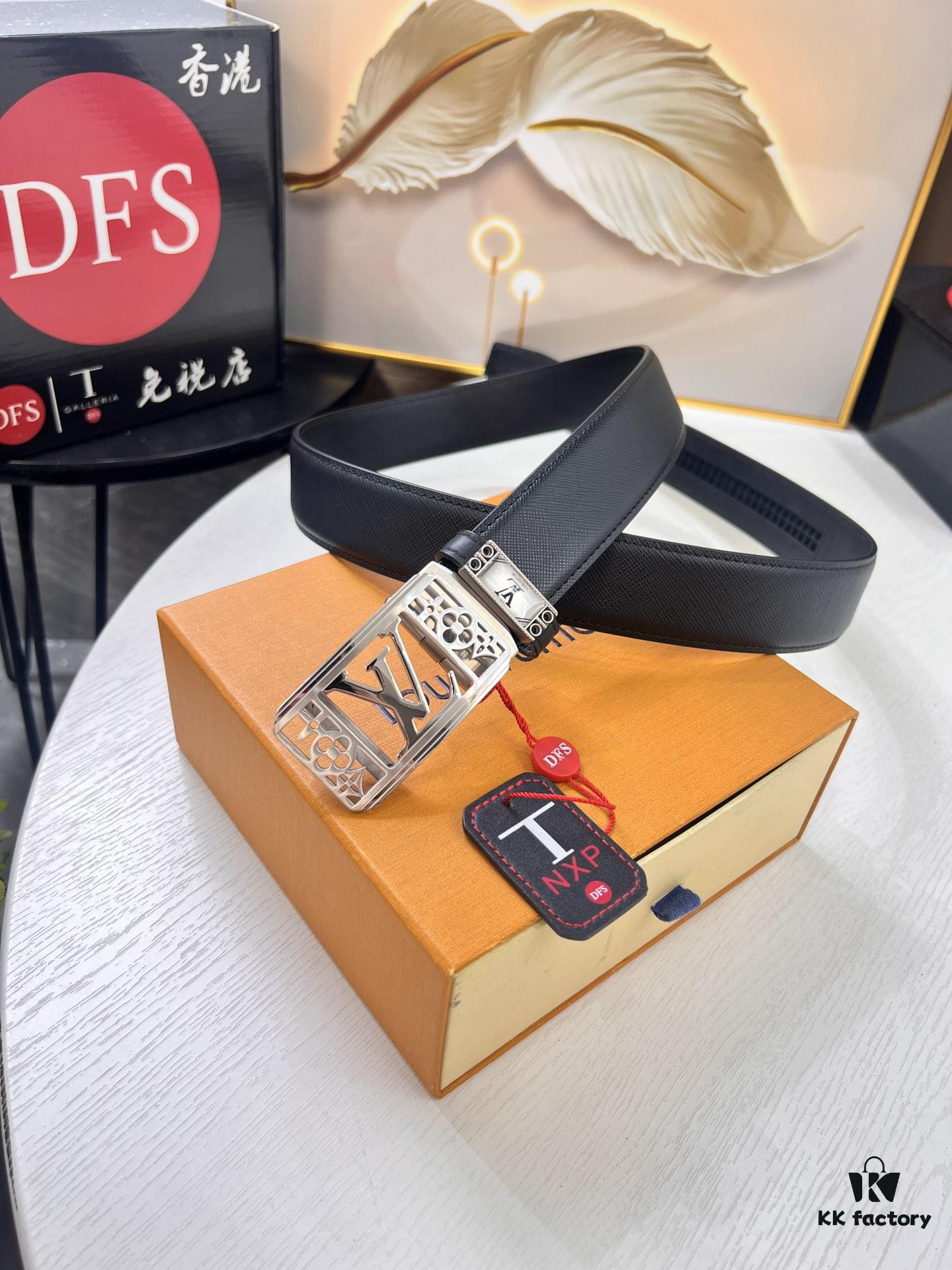 Louis Vuitton Automatic Buckle Belt, Full-Grain Imported Calfskin with Fine Grain Calf Leather, 3.5cm Width, Top-Quality Business Formal Belt