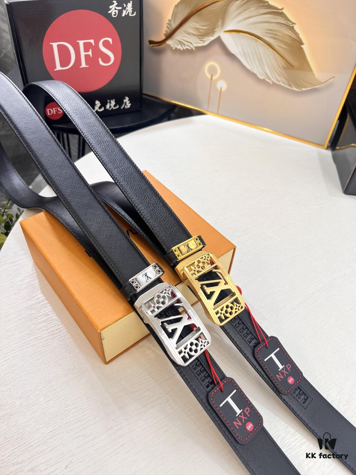 Louis Vuitton Automatic Buckle Belt, Full-Grain Imported Calfskin with Fine Grain Calf Leather, 3.5cm Width, Top-Quality Business Formal Belt