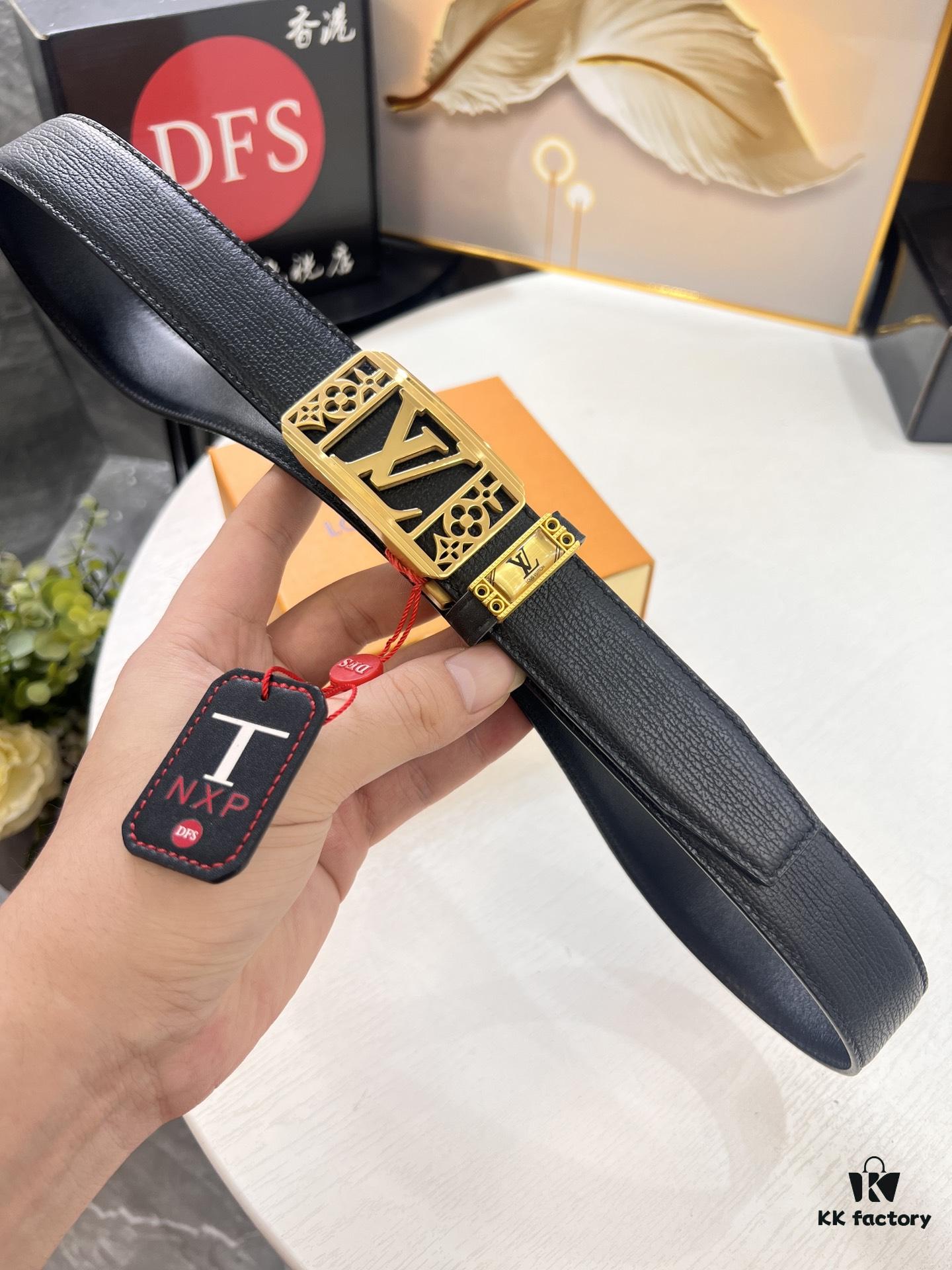 Louis Vuitton Automatic Buckle Belt, Premium Cowhide with Embossed Logo, 3.5cm Width, Top Quality Genuine Leather for Business Formal Wear