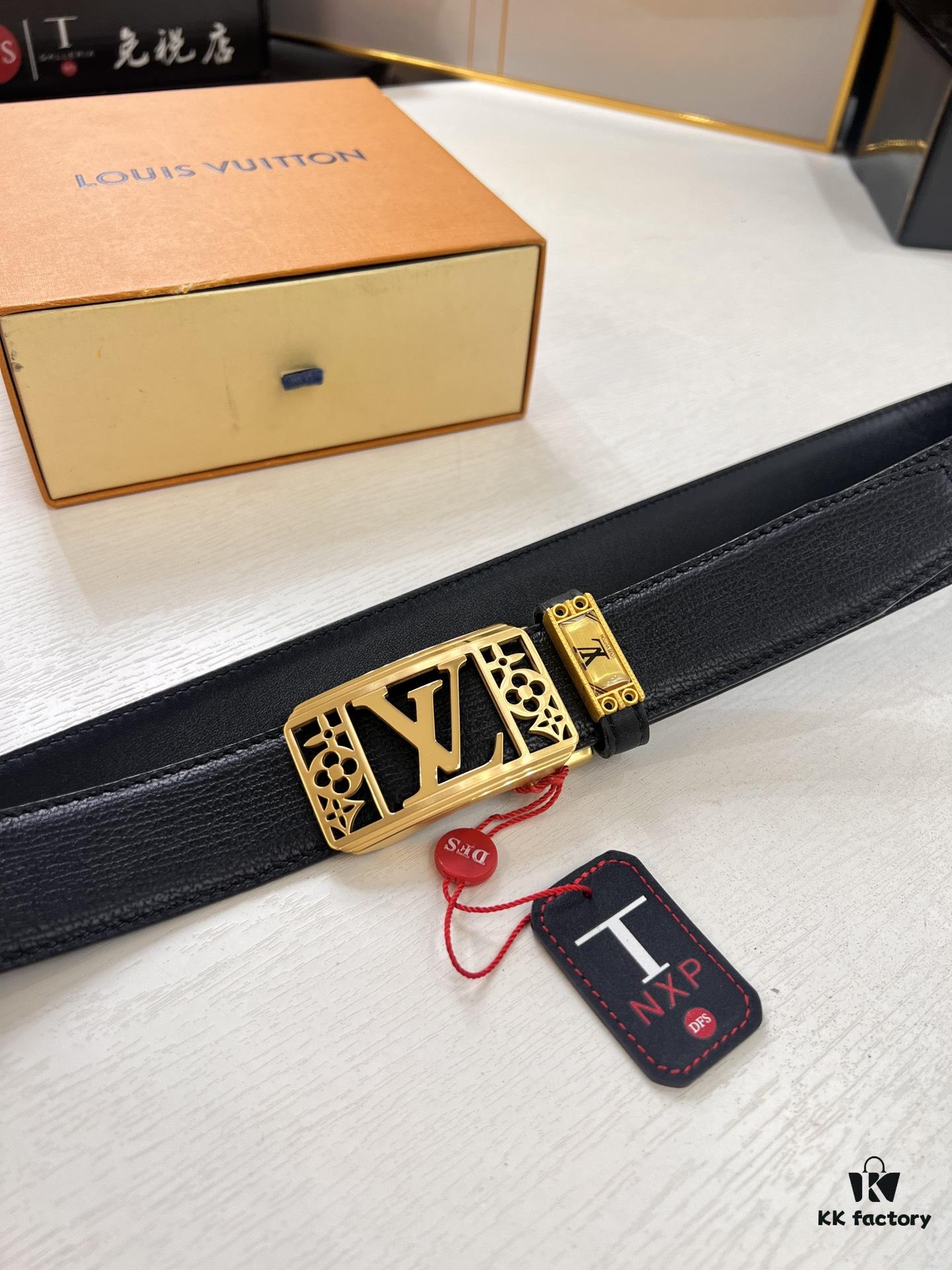 Louis Vuitton Automatic Buckle Belt, Premium Cowhide with Embossed Logo, 3.5cm Width, Top Quality Genuine Leather for Business Formal Wear