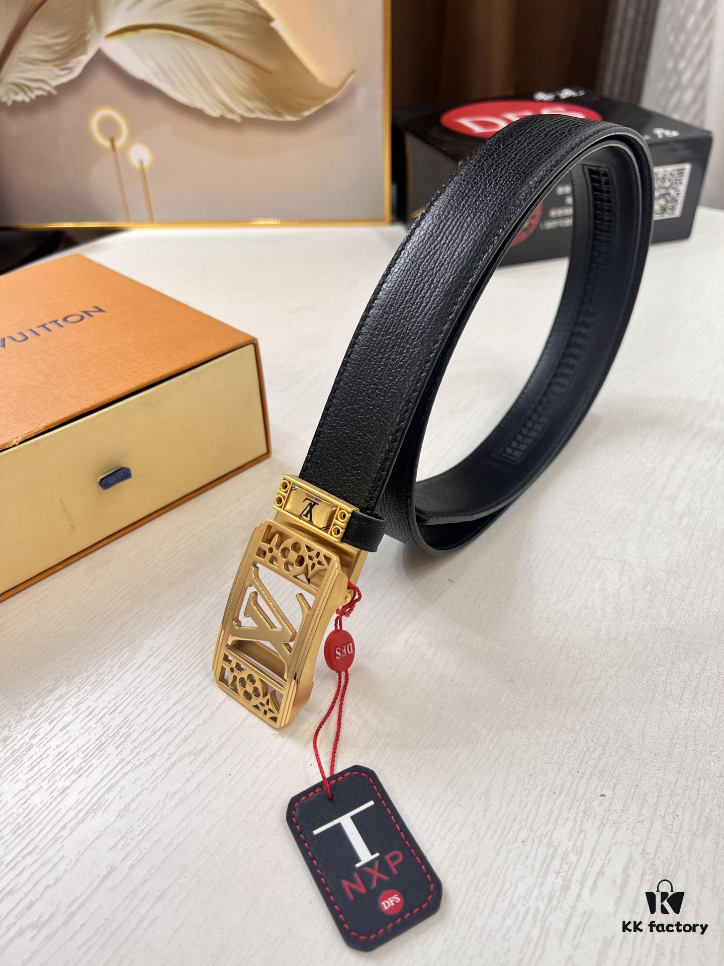 Louis Vuitton Automatic Buckle Belt, Premium Cowhide with Embossed Logo, 3.5cm Width, Top Quality Genuine Leather for Business Formal Wear