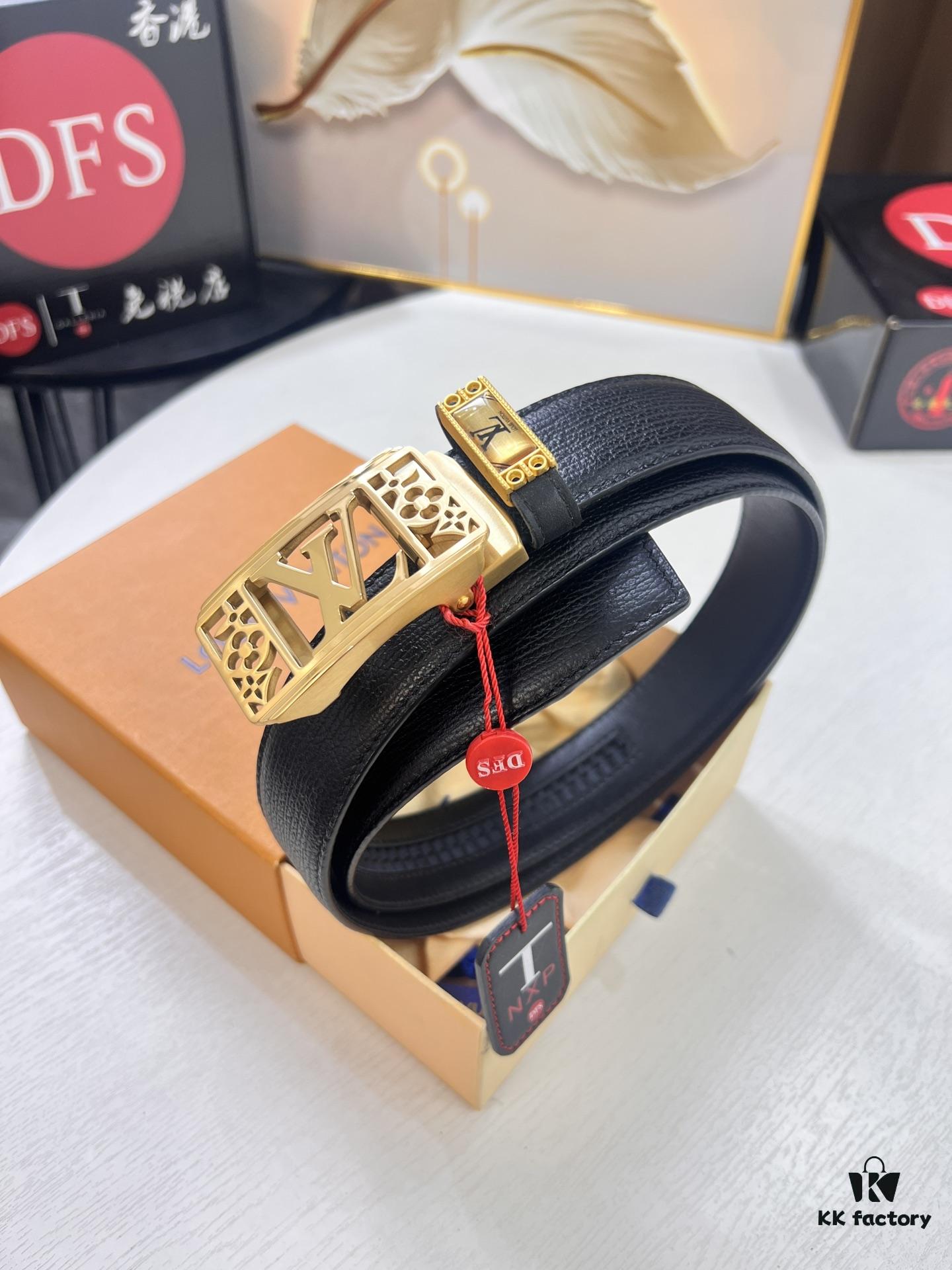 Louis Vuitton Automatic Buckle Belt, Premium Cowhide with Embossed Logo, 3.5cm Width, Top Quality Genuine Leather for Business Formal Wear