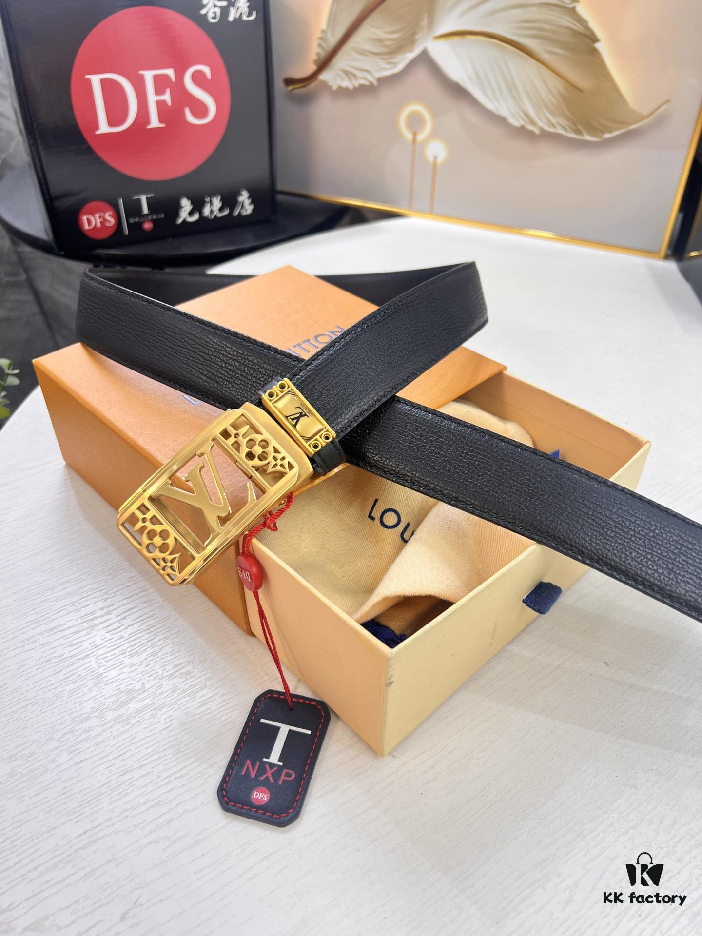 Louis Vuitton Automatic Buckle Belt, Premium Cowhide with Embossed Logo, 3.5cm Width, Top Quality Genuine Leather for Business Formal Wear