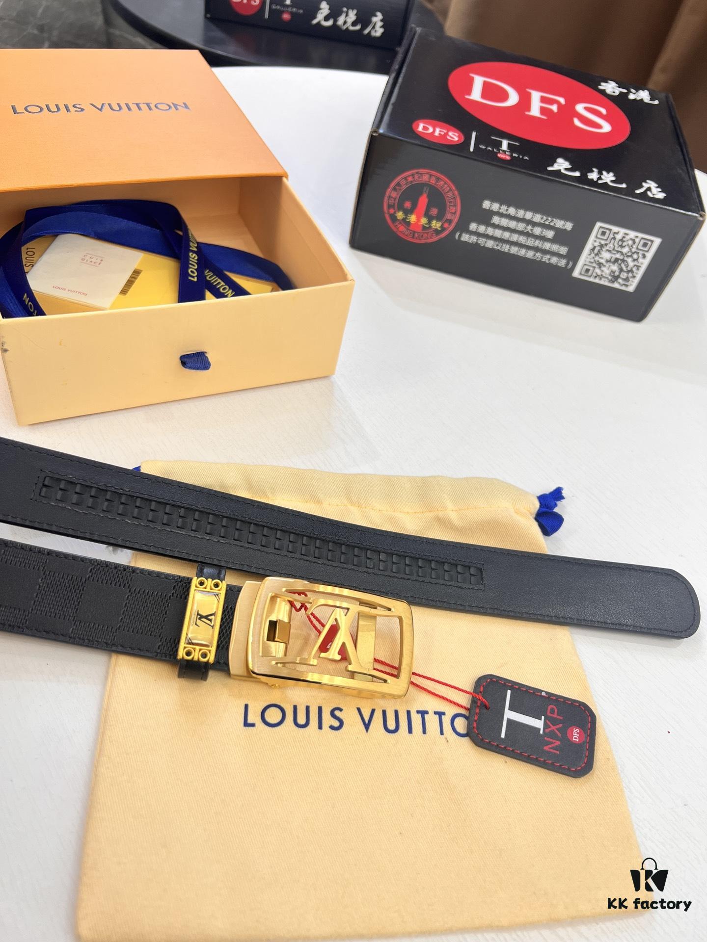 Louis Vuitton Automatic Buckle Belt, Top-Quality Genuine Leather, Imported Grain Leather with Fine-Grain Calfskin, 3.5cm Width, LV Stainless Steel Hardware