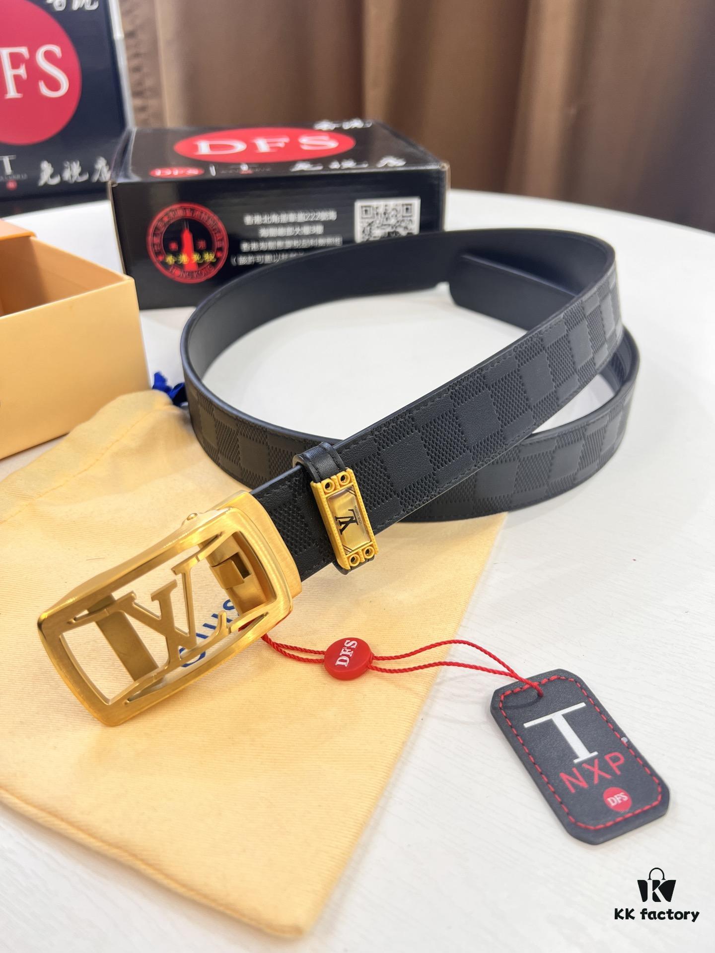 Louis Vuitton Automatic Buckle Belt, Top-Quality Genuine Leather, Imported Grain Leather with Fine-Grain Calfskin, 3.5cm Width, LV Stainless Steel Hardware