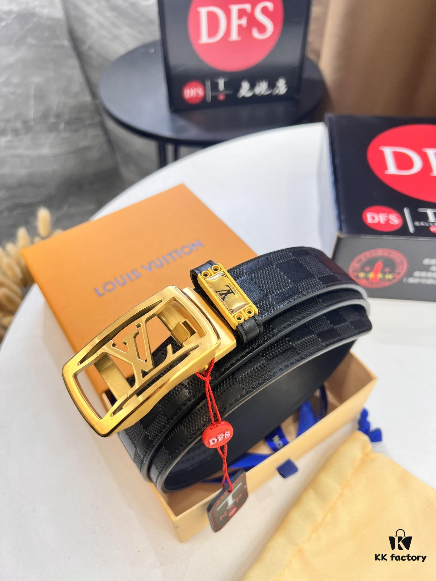 Louis Vuitton Automatic Buckle Belt, Top-Quality Genuine Leather, Imported Grain Leather with Fine-Grain Calfskin, 3.5cm Width, LV Stainless Steel Hardware