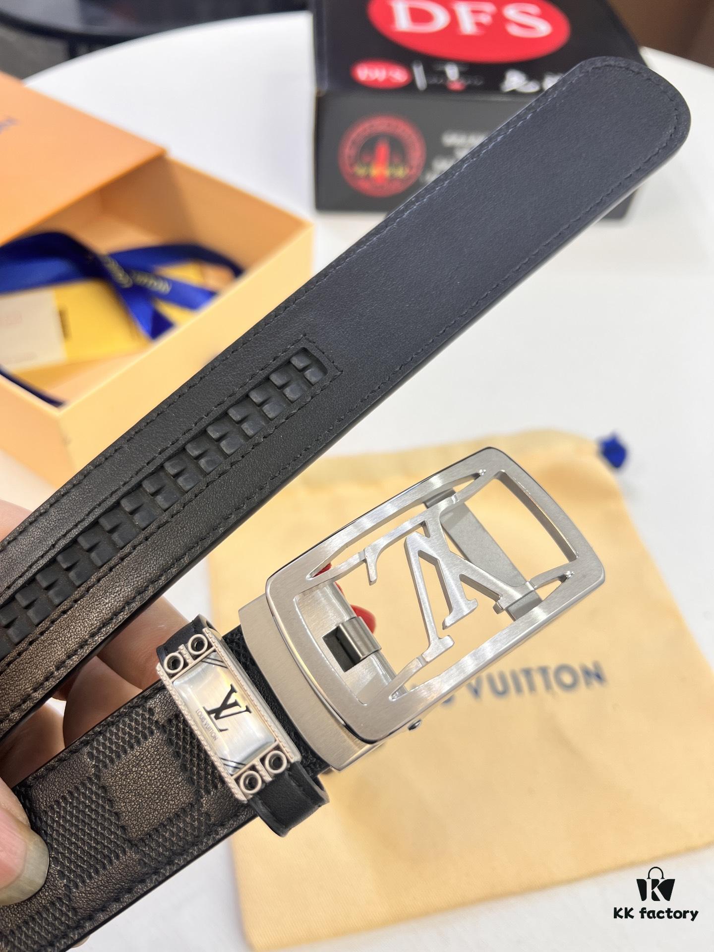 Louis Vuitton Automatic Buckle Belt, Top-Quality Genuine Leather, 3.5cm Width, Imported Grain Leather with Fine-Grained Calfskin, Smooth Slide Mechanism