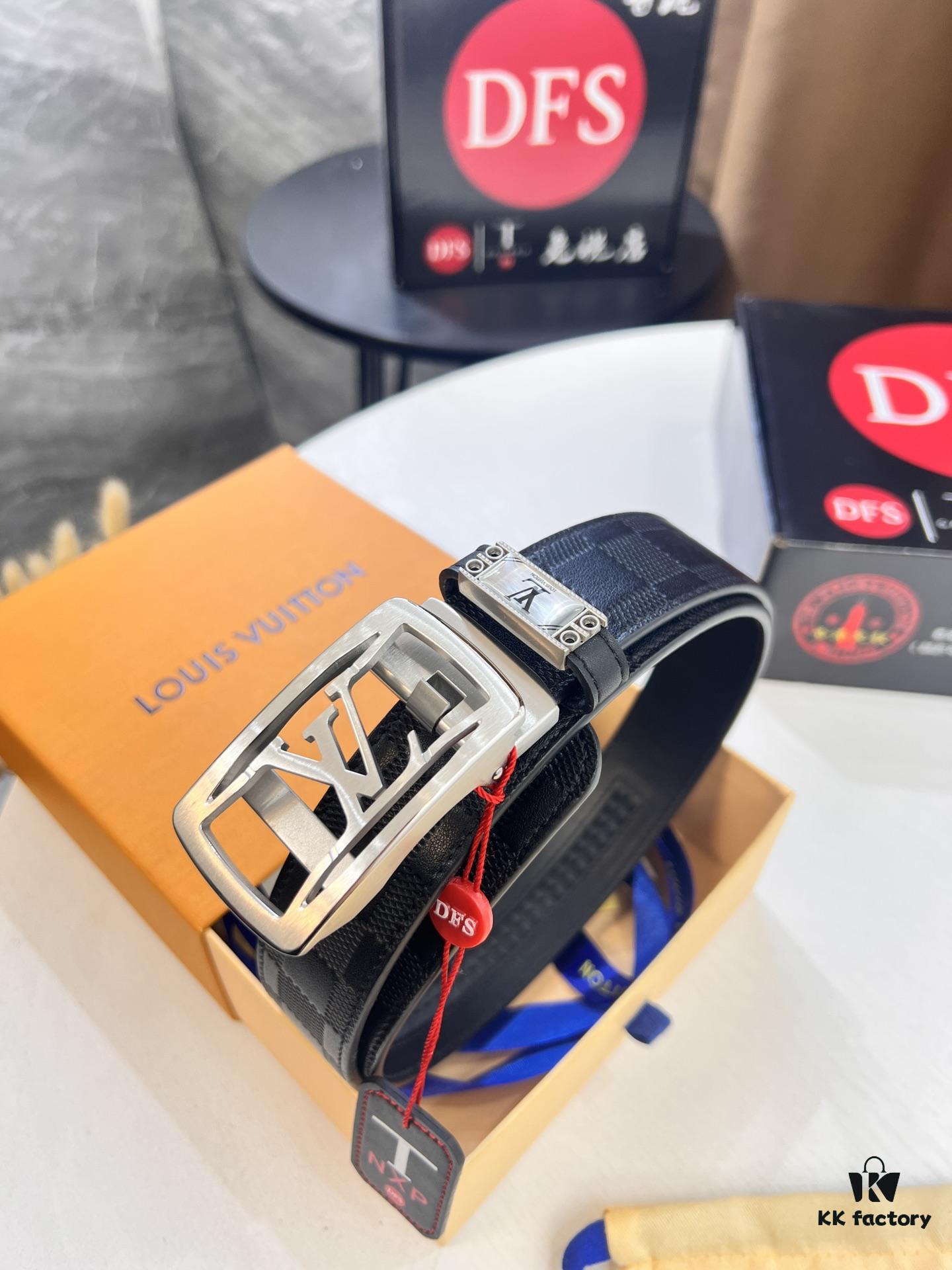 Louis Vuitton Automatic Buckle Belt, Top-Quality Genuine Leather, 3.5cm Width, Imported Grain Leather with Fine-Grained Calfskin, Smooth Slide Mechanism