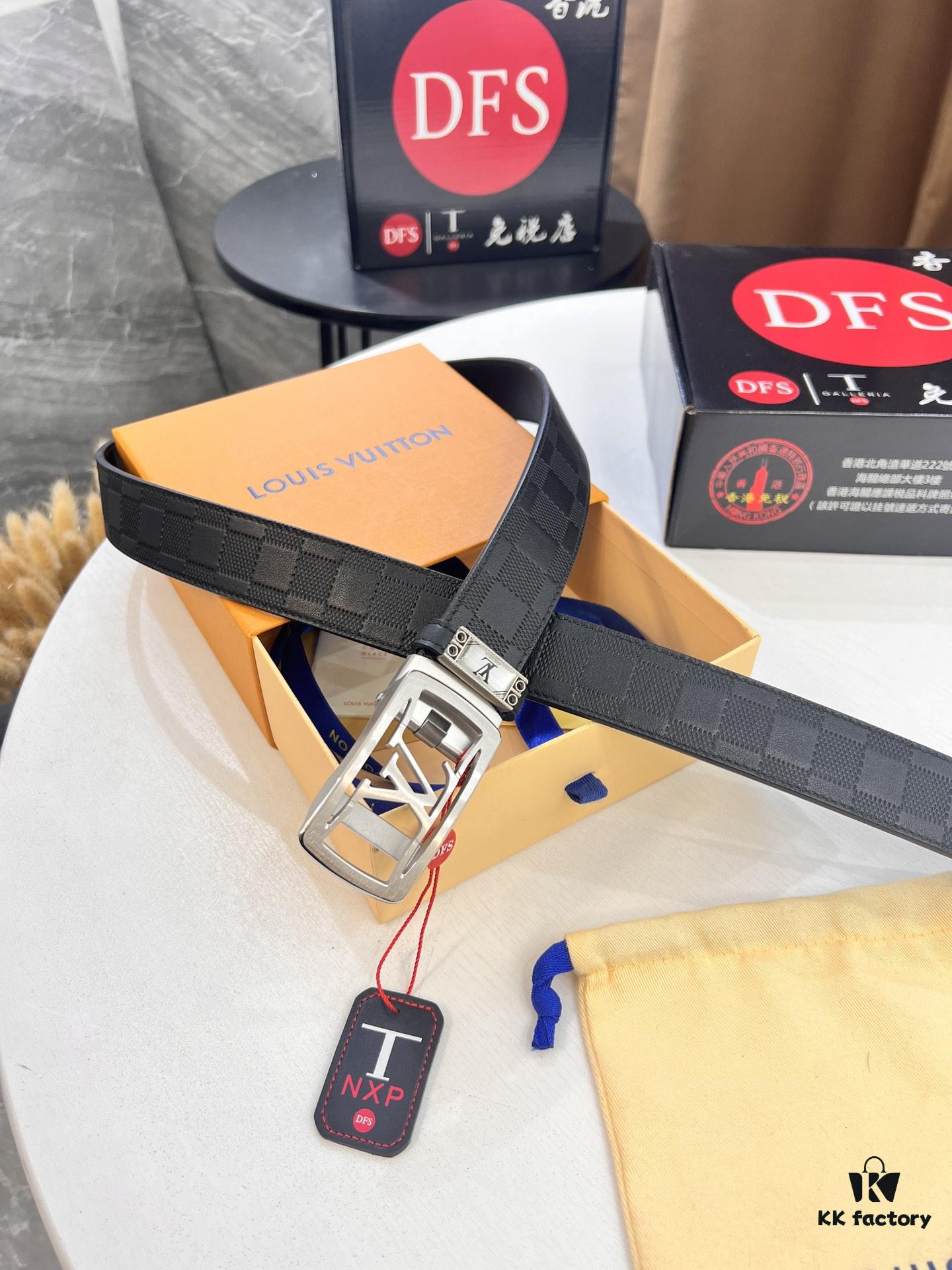 Louis Vuitton Automatic Buckle Belt, Top-Quality Genuine Leather, 3.5cm Width, Imported Grain Leather with Fine-Grained Calfskin, Smooth Slide Mechanism