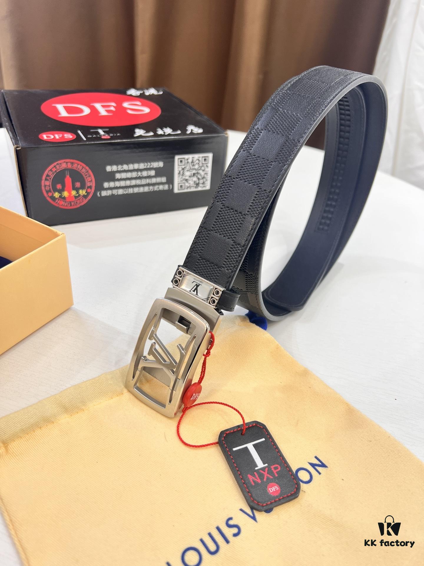 Louis Vuitton Automatic Buckle Belt, Top-Quality Genuine Leather, 3.5cm Width, Imported Grain Leather with Fine-Grained Calfskin, Smooth Slide Mechanism