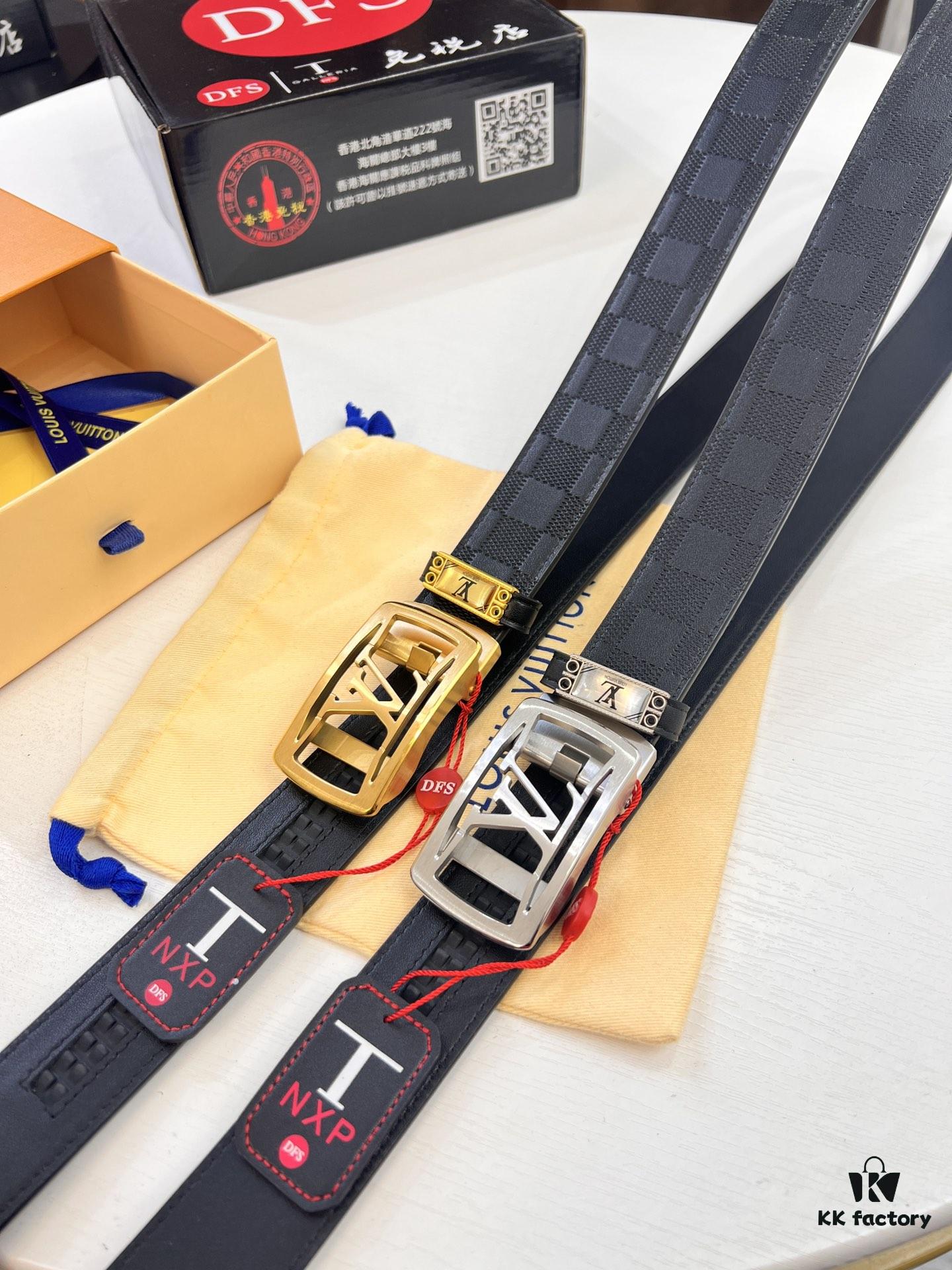 Louis Vuitton Automatic Buckle Belt, Top-Quality Genuine Leather, 3.5cm Width, Imported Grain Leather with Fine-Grained Calfskin, Smooth Slide Mechanism