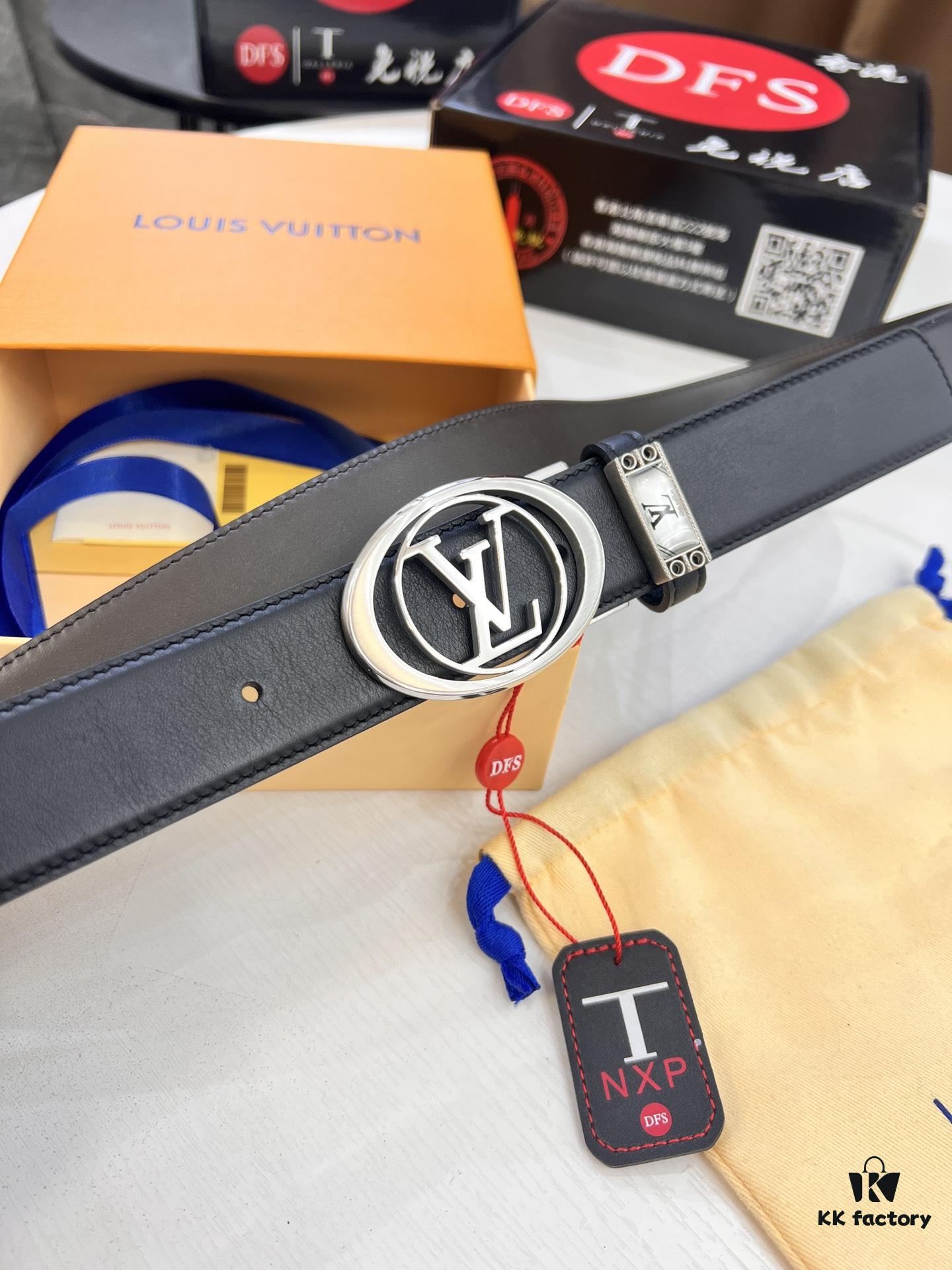 LV Men's Leather Belt, Top-Quality Business Formal Belt with Automatic Slide Buckle, 3.5 cm Width, Imported Cowhide