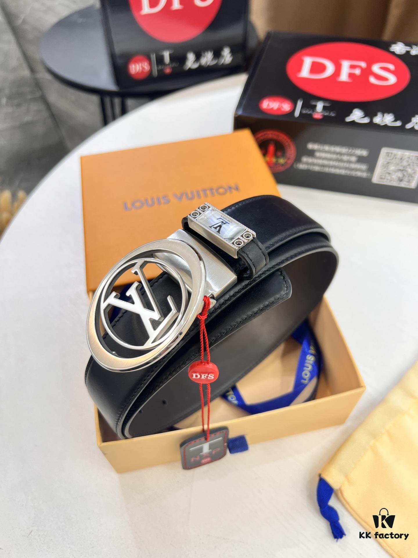 LV Men's Leather Belt, Top-Quality Business Formal Belt with Automatic Slide Buckle, 3.5 cm Width, Imported Cowhide