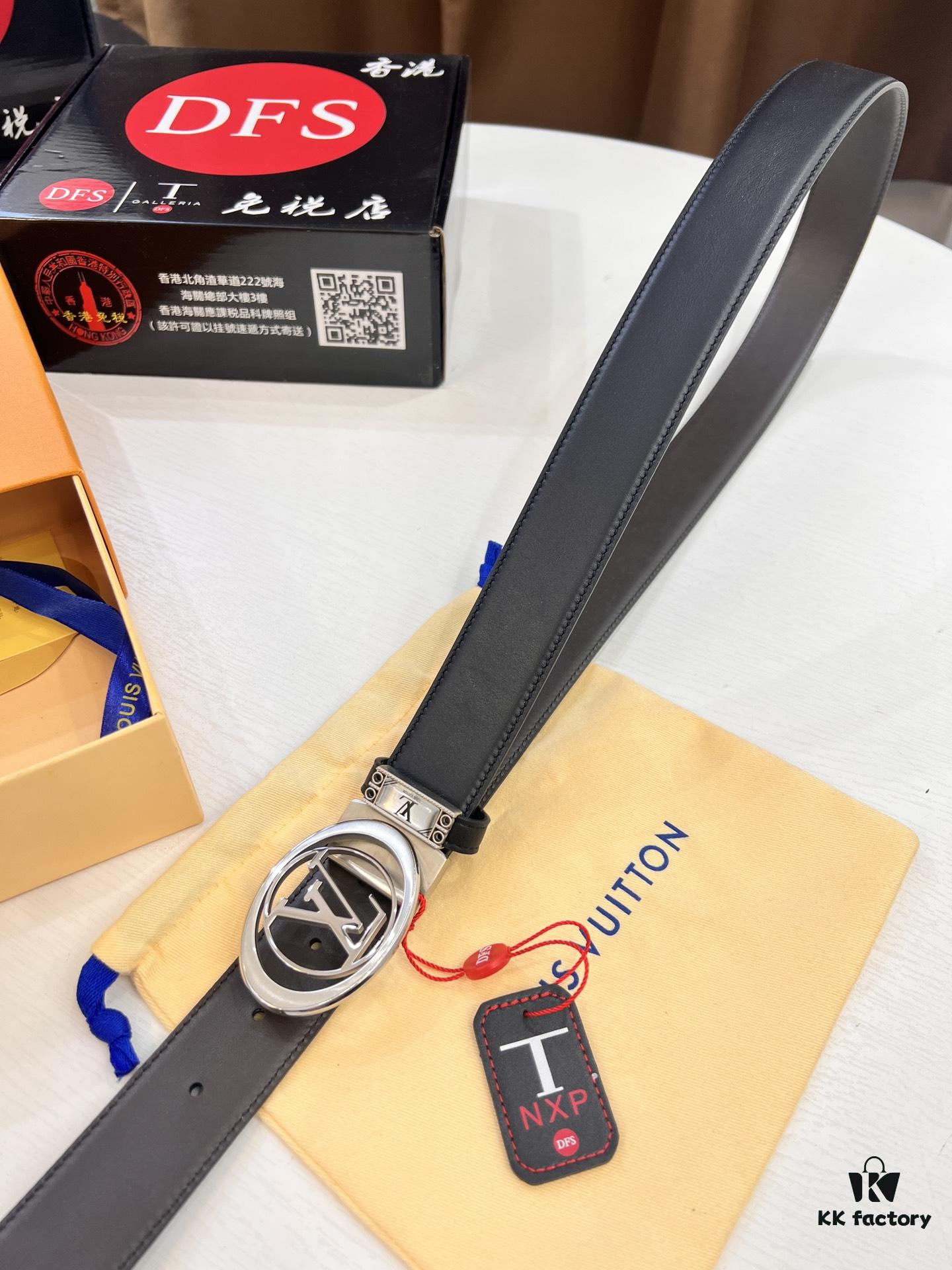 LV Men's Leather Belt, Top-Quality Business Formal Belt with Automatic Slide Buckle, 3.5 cm Width, Imported Cowhide