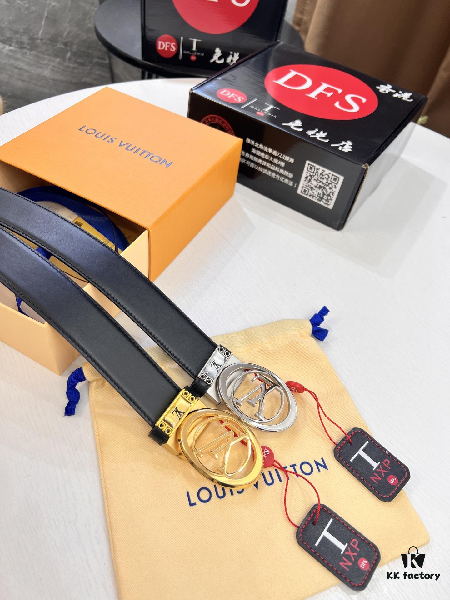 LV Men's Leather Belt, Top-Quality Business Formal Belt with Automatic Slide Buckle, 3.5 cm Width, Imported Cowhide