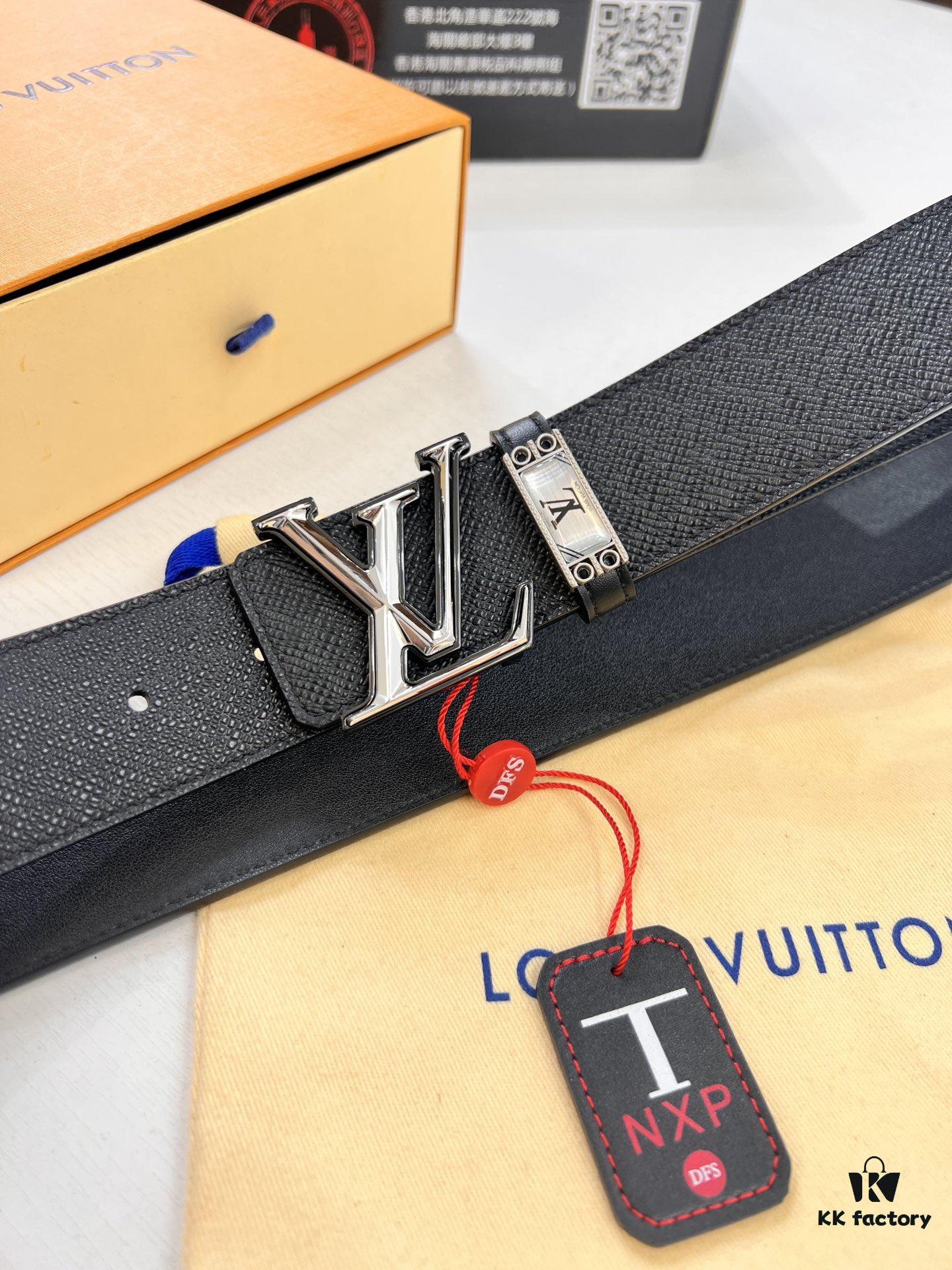 Top-Tier LV Louis Vuitton Belt - Genuine L-Logo Polished Stainless Steel Hardware, French Imported Cross-Grain Top-Layer Calfskin, 3.8cm Width, Original NXP RFID Anti-Counterfeit Chip (Hong Kong Duty-Free Exclusive Gift Box)