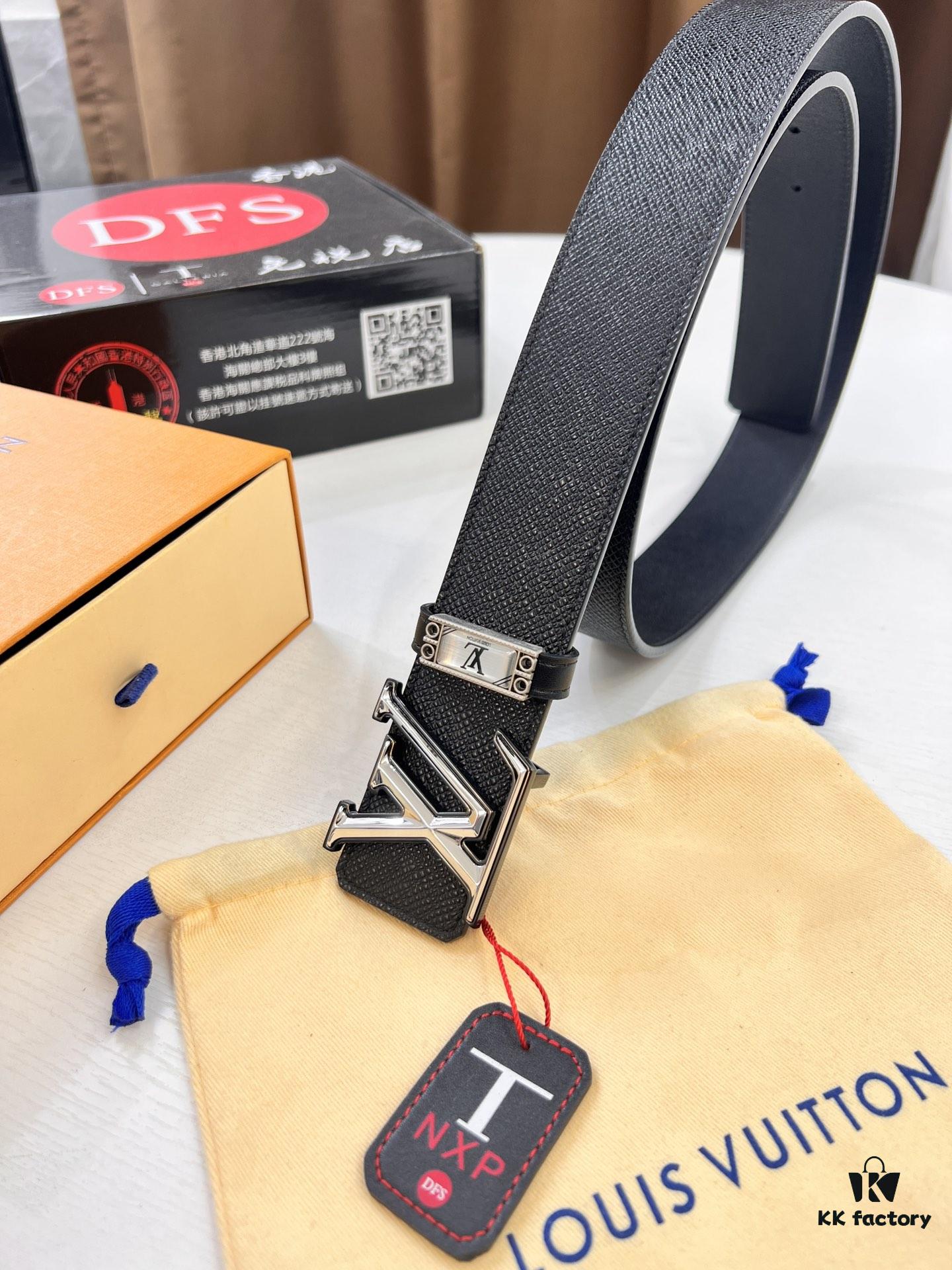 Top-Tier LV Louis Vuitton Belt - Genuine L-Logo Polished Stainless Steel Hardware, French Imported Cross-Grain Top-Layer Calfskin, 3.8cm Width, Original NXP RFID Anti-Counterfeit Chip (Hong Kong Duty-Free Exclusive Gift Box)