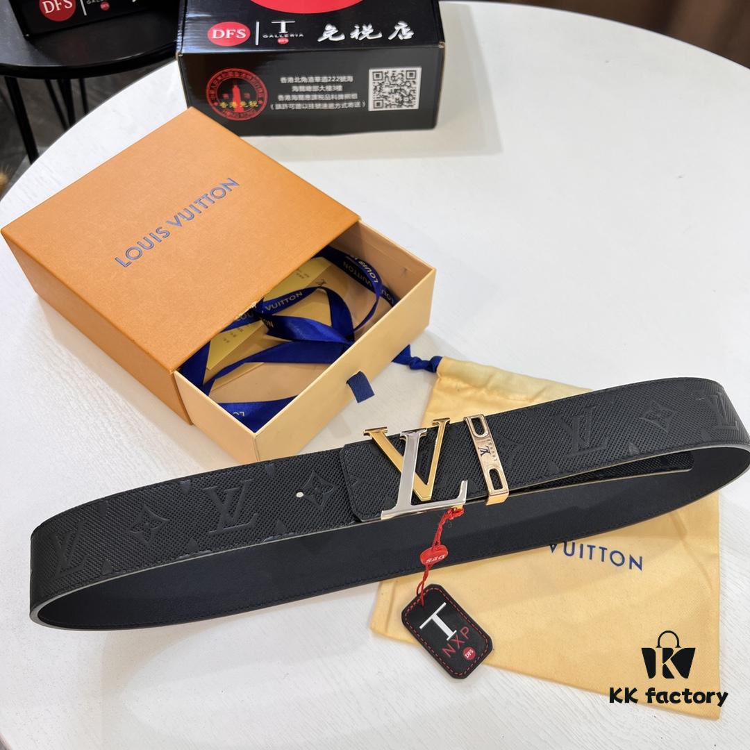 LV Men's Leather Belt with L-Shape Bicolor Stainless Steel Buckle, 3.8cm Width, Top-Tier Duty-Free Grade, Genuine First-Layer Calfskin with Embossed Logo