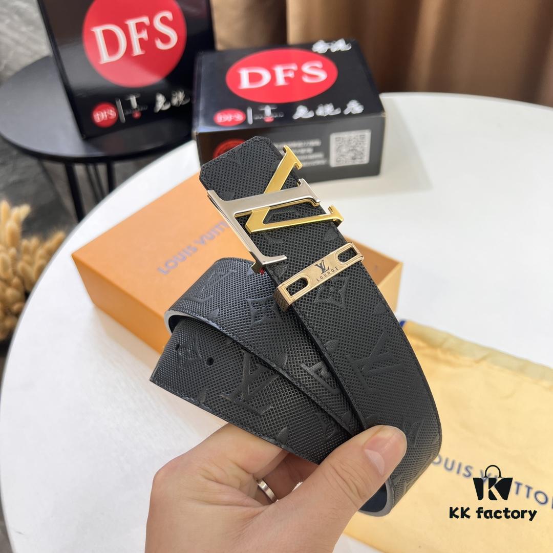 LV Men's Leather Belt with L-Shape Bicolor Stainless Steel Buckle, 3.8cm Width, Top-Tier Duty-Free Grade, Genuine First-Layer Calfskin with Embossed Logo