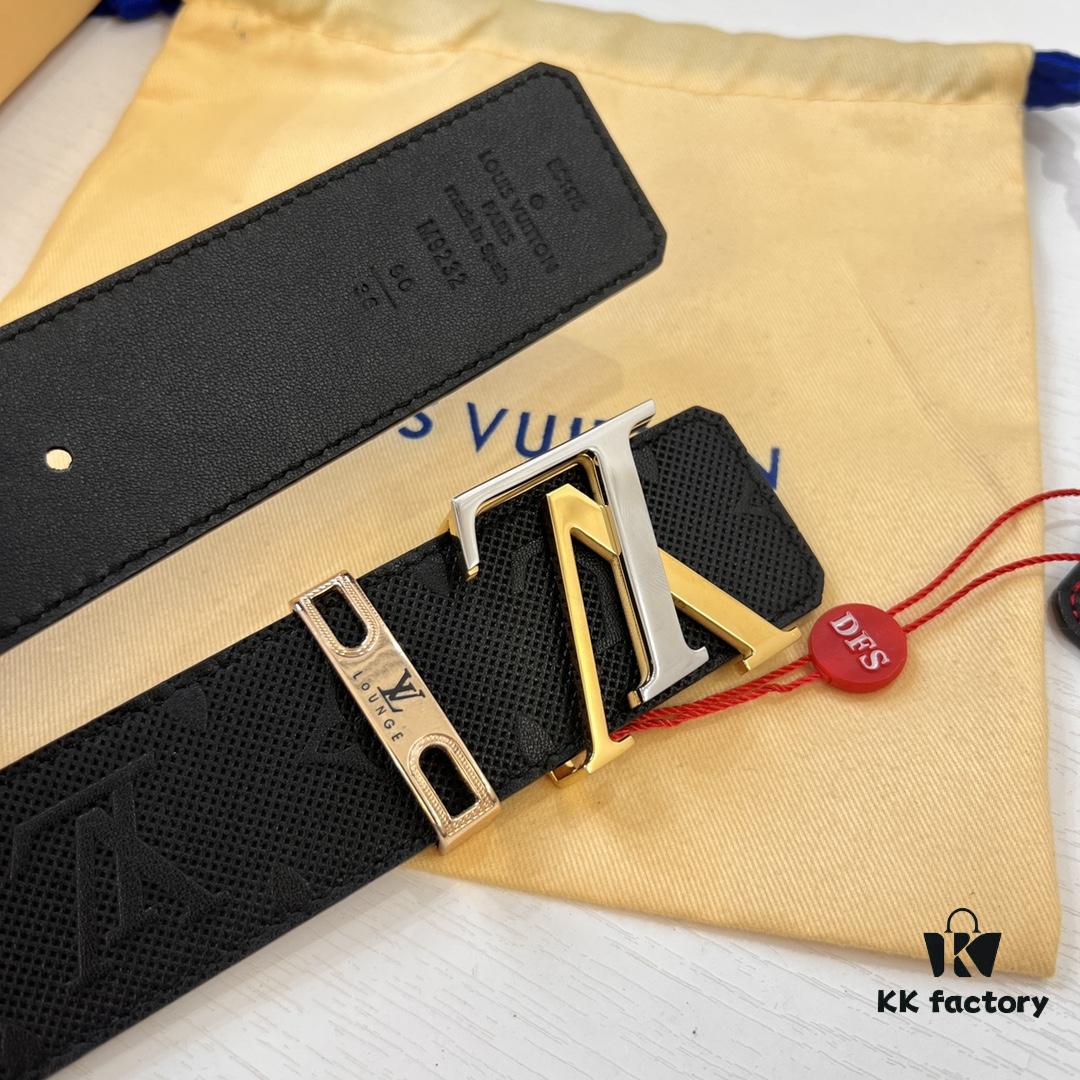 LV Men's Leather Belt with L-Shape Bicolor Stainless Steel Buckle, 3.8cm Width, Top-Tier Duty-Free Grade, Genuine First-Layer Calfskin with Embossed Logo