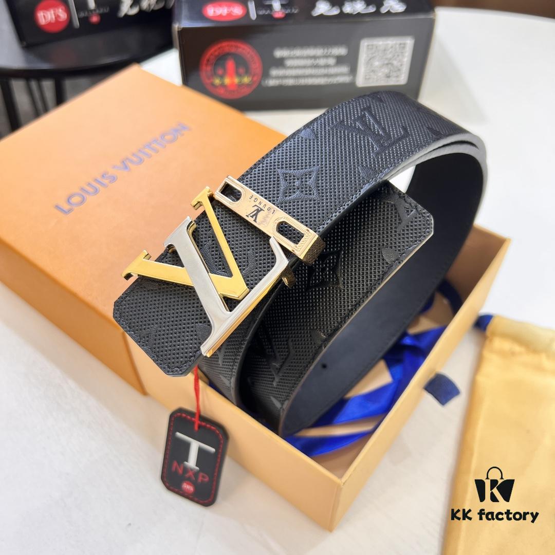 LV Men's Leather Belt with L-Shape Bicolor Stainless Steel Buckle, 3.8cm Width, Top-Tier Duty-Free Grade, Genuine First-Layer Calfskin with Embossed Logo