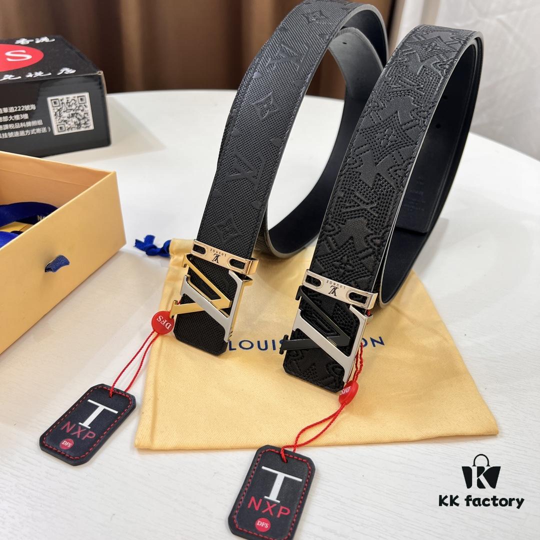 LV Men's Leather Belt with L-Shape Bicolor Stainless Steel Buckle, 3.8cm Width, Top-Tier Duty-Free Grade, Genuine First-Layer Calfskin with Embossed Logo