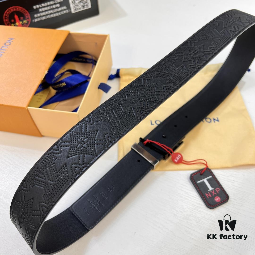 Luxury LV Belt with L-Shape Bicolor Stainless Steel Buckle, Top-Tier Duty-Free Hong Kong Gift Box, French Premium Embossed Full-Grain Calfskin, 3.8cm Width