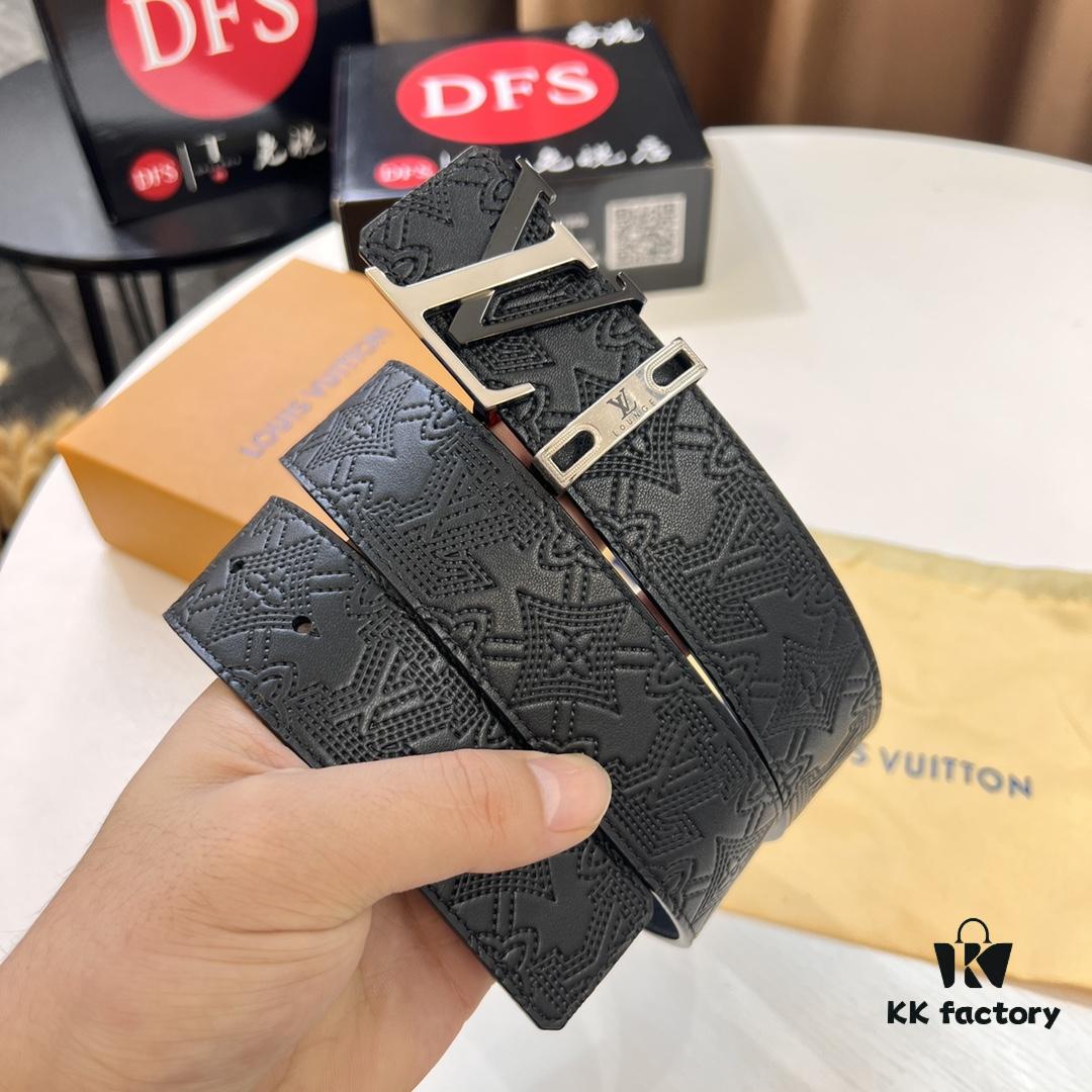 Luxury LV Belt with L-Shape Bicolor Stainless Steel Buckle, Top-Tier Duty-Free Hong Kong Gift Box, French Premium Embossed Full-Grain Calfskin, 3.8cm Width