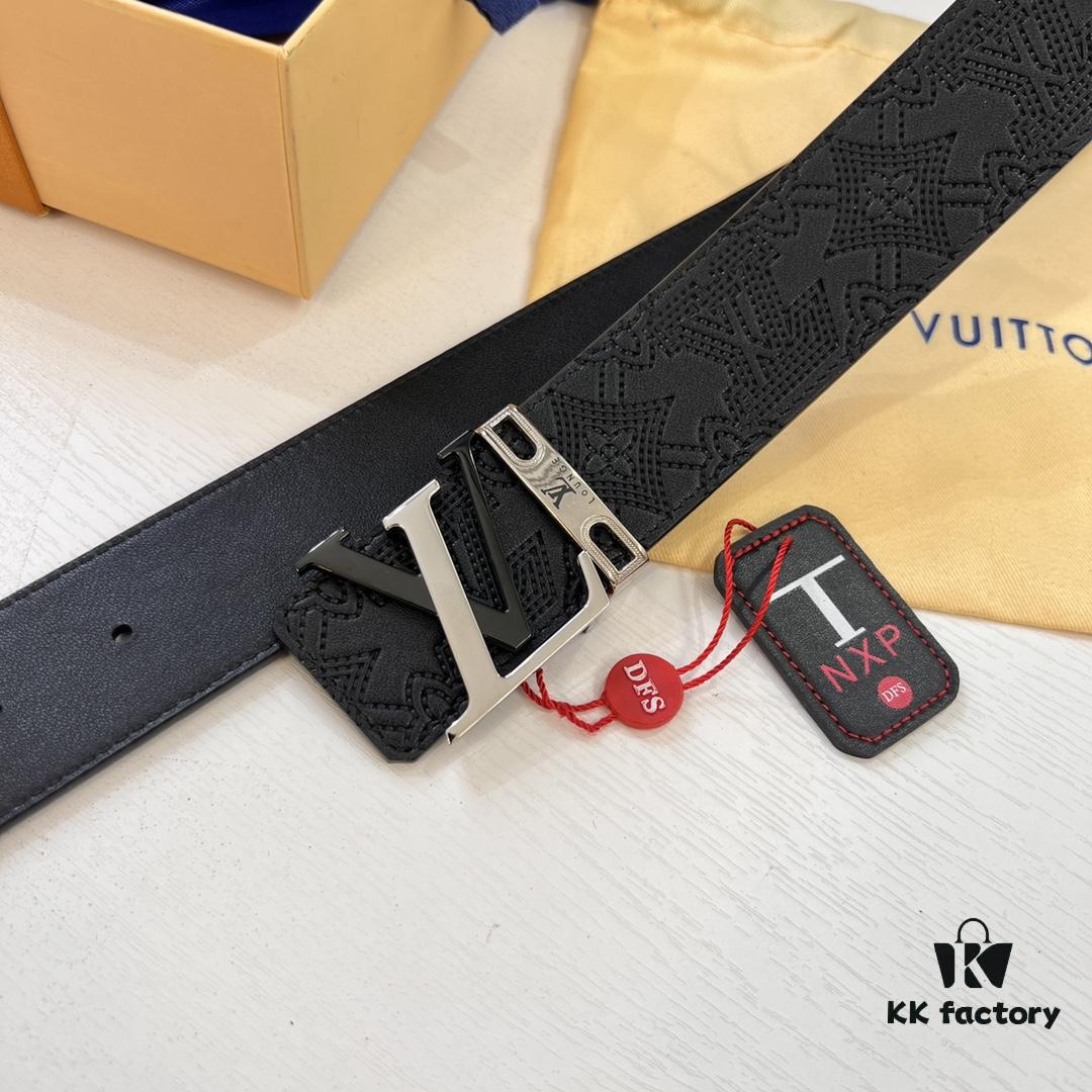 Luxury LV Belt with L-Shape Bicolor Stainless Steel Buckle, Top-Tier Duty-Free Hong Kong Gift Box, French Premium Embossed Full-Grain Calfskin, 3.8cm Width