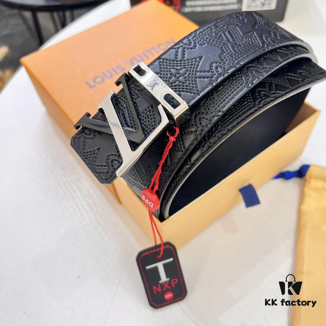 Luxury LV Belt with L-Shape Bicolor Stainless Steel Buckle, Top-Tier Duty-Free Hong Kong Gift Box, French Premium Embossed Full-Grain Calfskin, 3.8cm Width