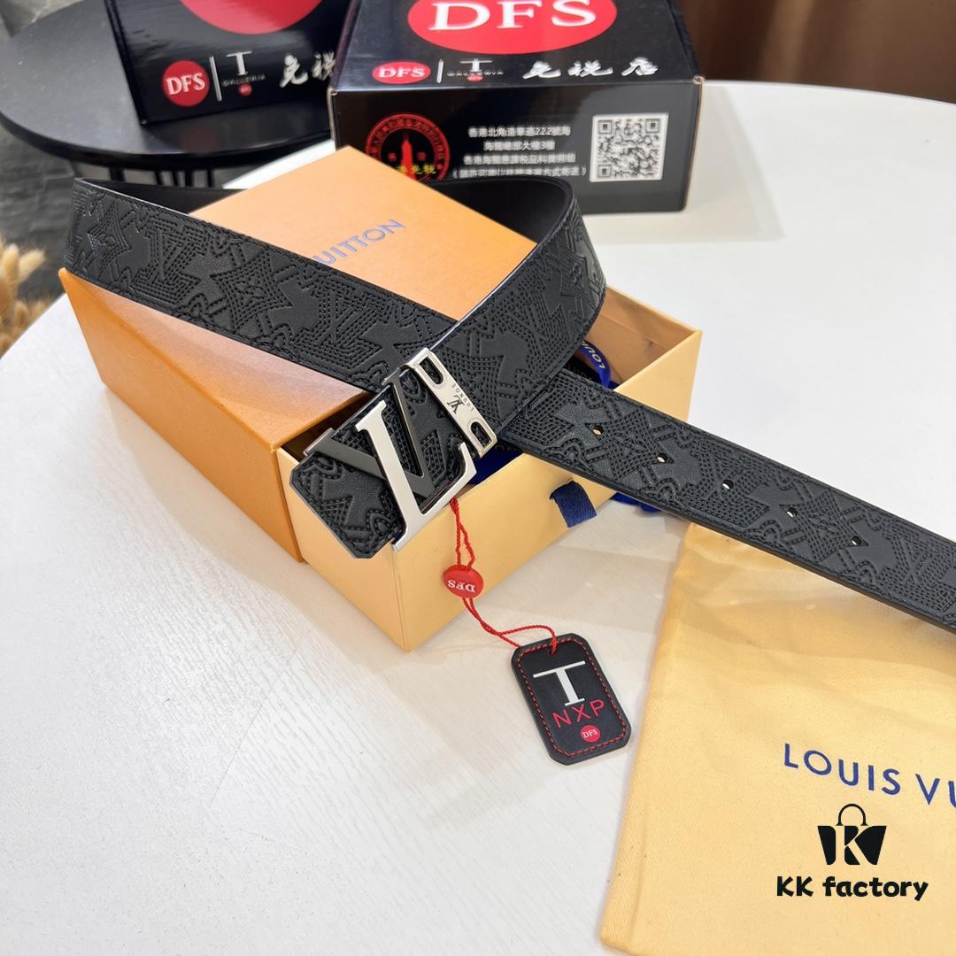 Luxury LV Belt with L-Shape Bicolor Stainless Steel Buckle, Top-Tier Duty-Free Hong Kong Gift Box, French Premium Embossed Full-Grain Calfskin, 3.8cm Width