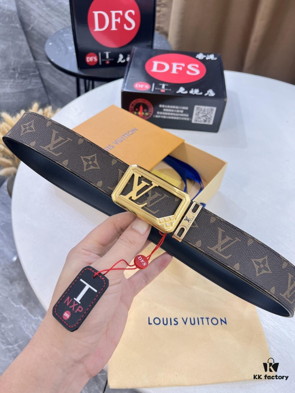 LV Men's Belt, New Monogram PVC Imported Fabric, Genuine Cowhide with Diamond-Paved Box Letter Hardware, 3.8cm Width