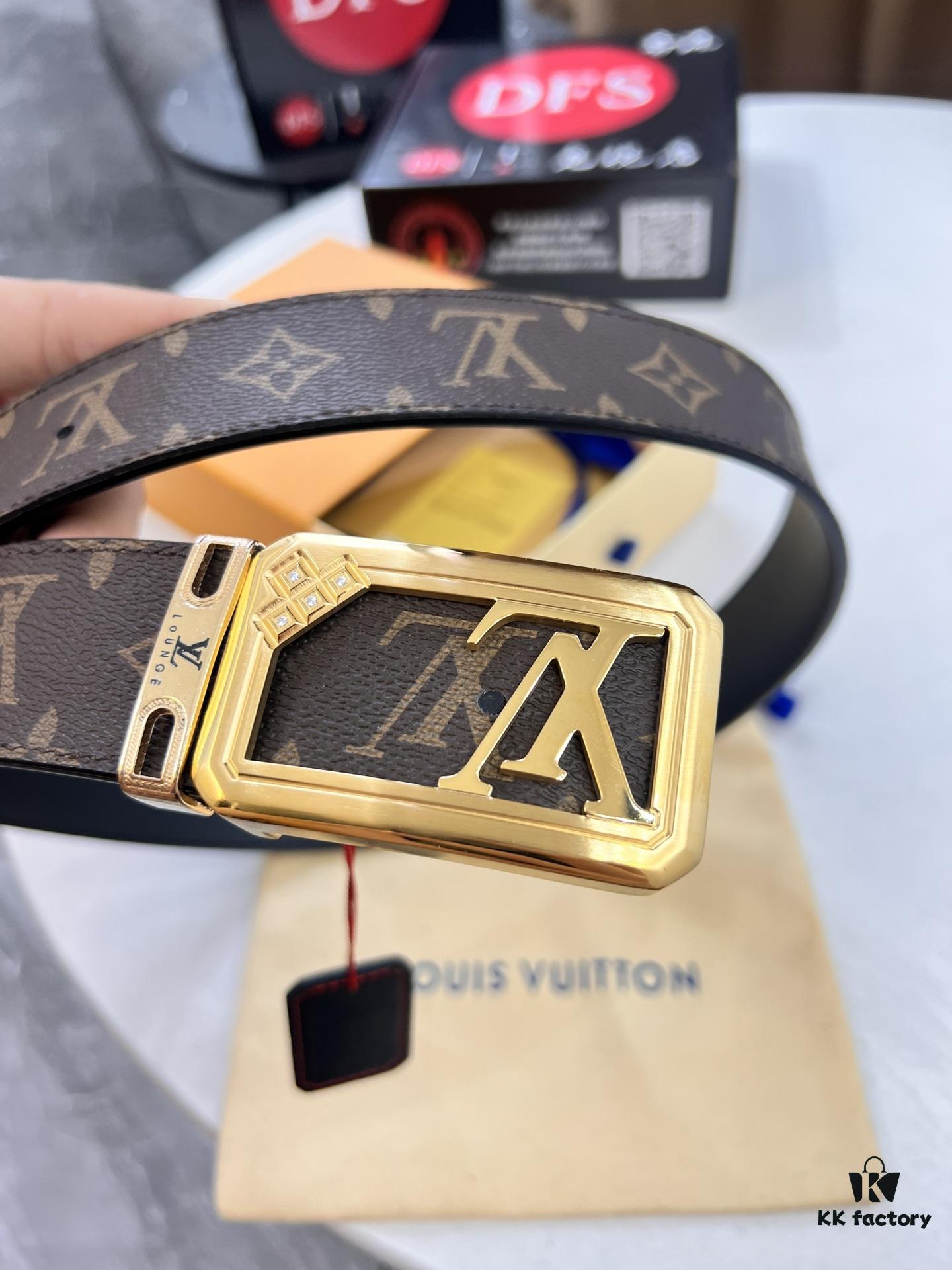 LV Men's Belt, New Monogram PVC Imported Fabric, Genuine Cowhide with Diamond-Paved Box Letter Hardware, 3.8cm Width