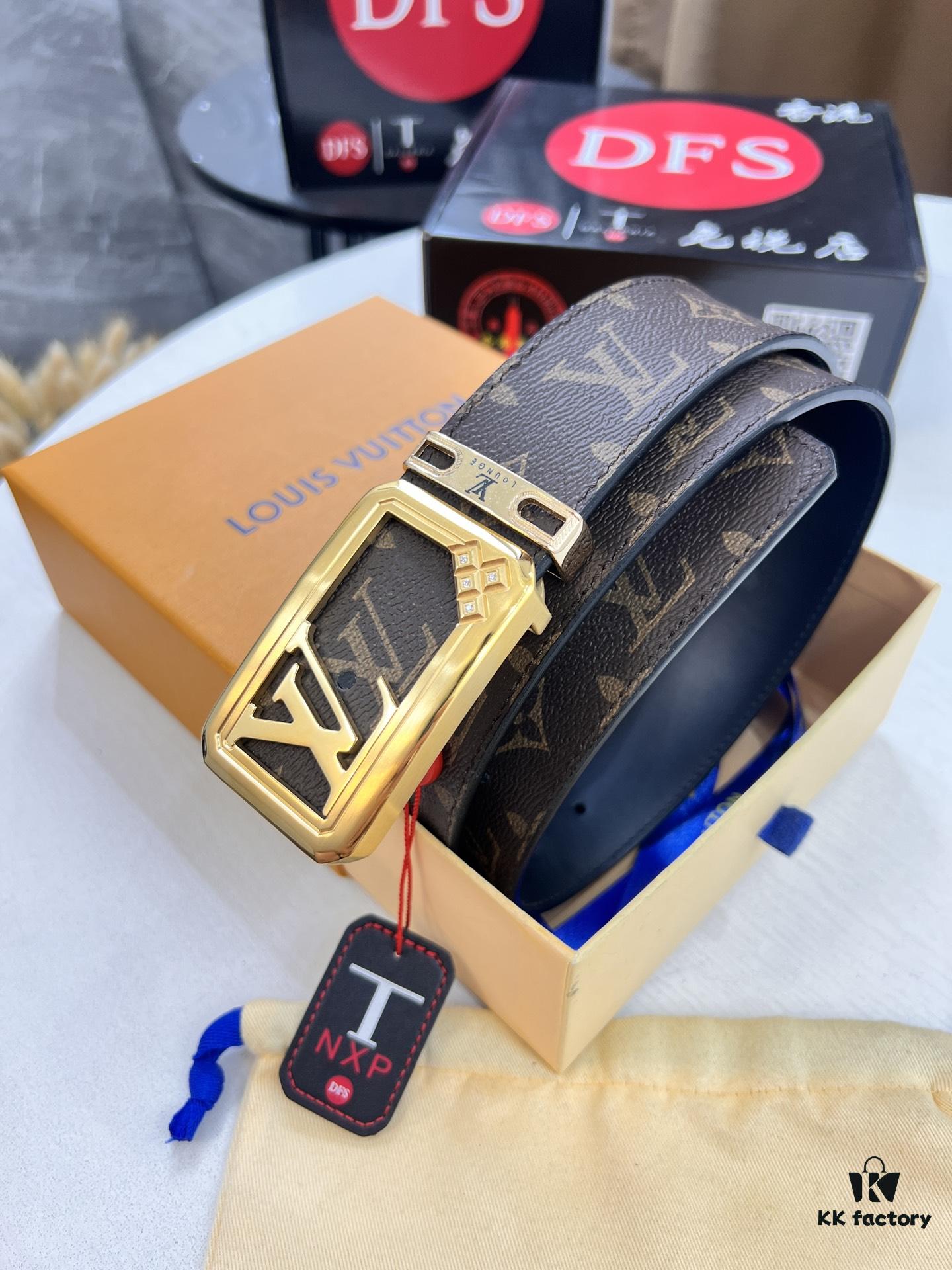 LV Men's Belt, New Monogram PVC Imported Fabric, Genuine Cowhide with Diamond-Paved Box Letter Hardware, 3.8cm Width