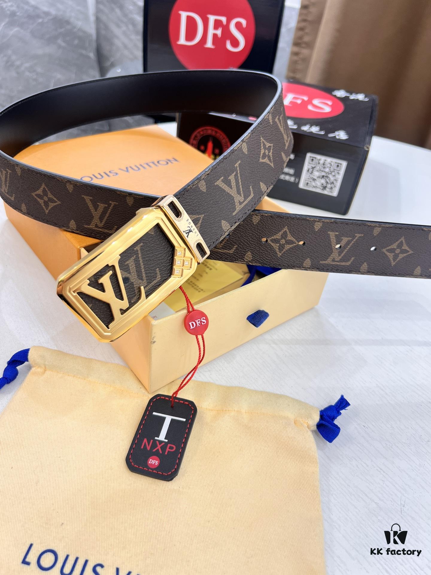 LV Men's Belt, New Monogram PVC Imported Fabric, Genuine Cowhide with Diamond-Paved Box Letter Hardware, 3.8cm Width