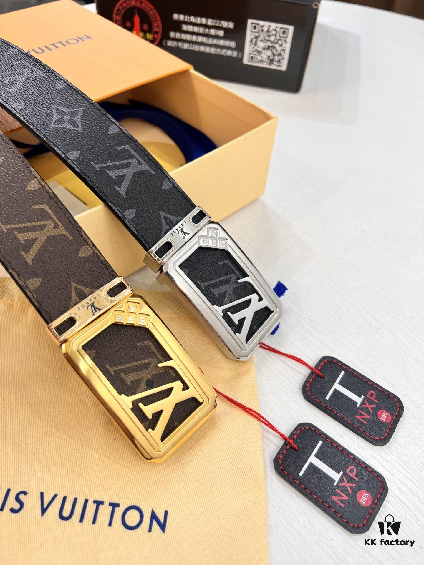 LV Men's Belt, New Monogram PVC Imported Fabric, Genuine Cowhide with Diamond-Paved Box Letter Hardware, 3.8cm Width