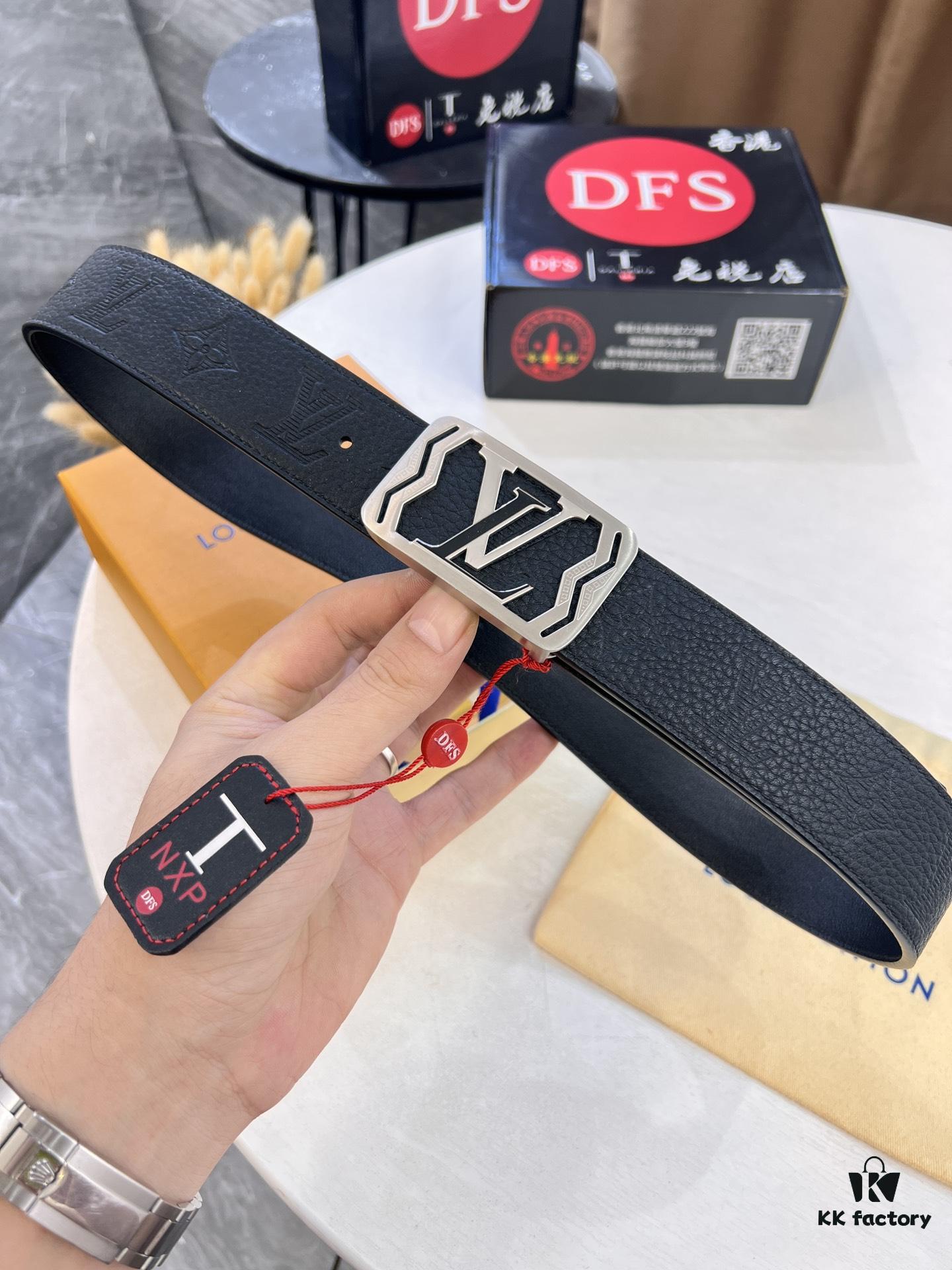 Top-Tier LV Louis Vuitton L-Logo Polished Stainless Steel Buckle Belt - Genuine French Imported Embossed Calfskin, 3.8cm Width, with NXP Anti-Counterfeit Chip (Original Gift Box Included)