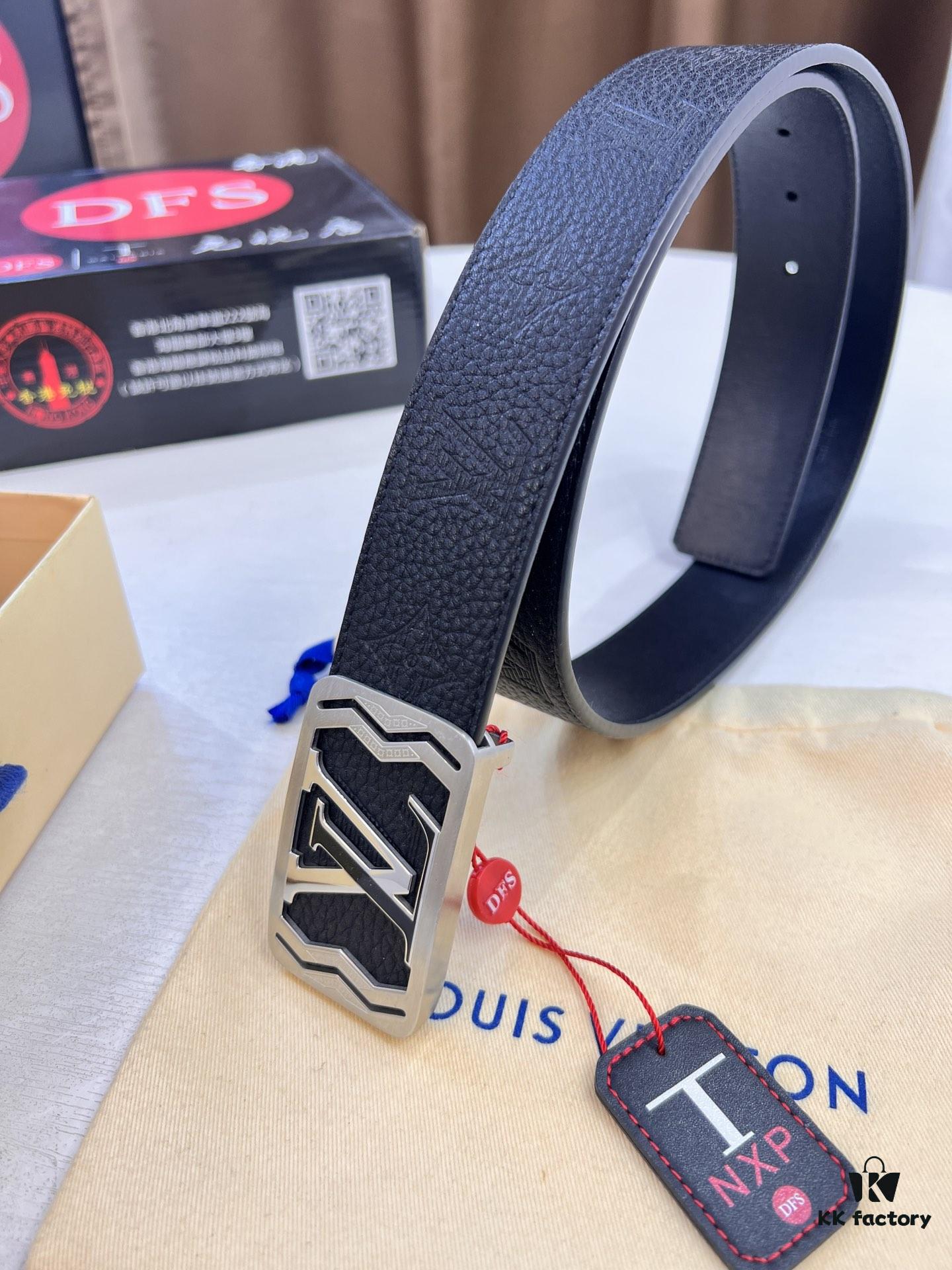 Top-Tier LV Louis Vuitton L-Logo Polished Stainless Steel Buckle Belt - Genuine French Imported Embossed Calfskin, 3.8cm Width, with NXP Anti-Counterfeit Chip (Original Gift Box Included)