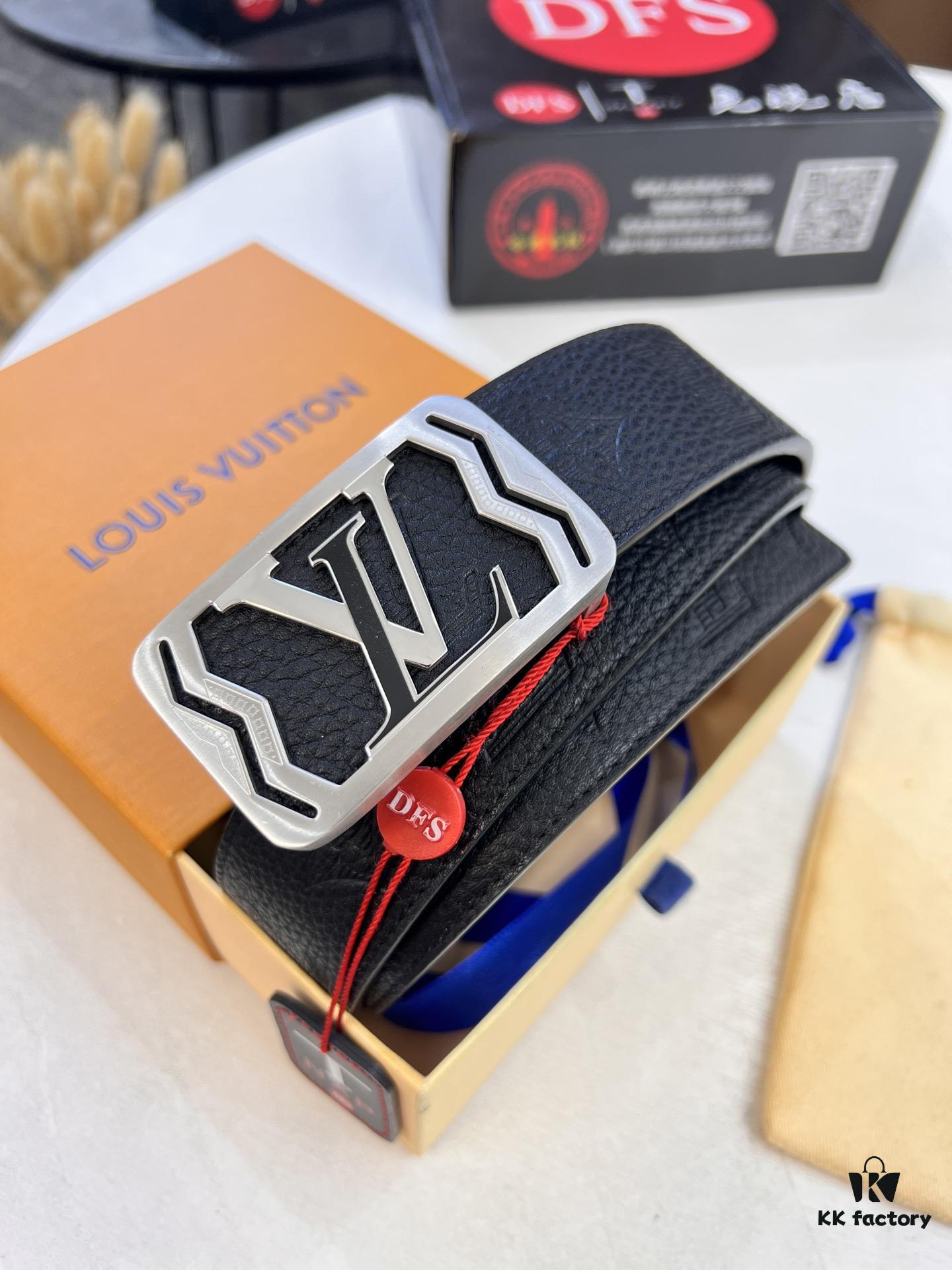 Top-Tier LV Louis Vuitton L-Logo Polished Stainless Steel Buckle Belt - Genuine French Imported Embossed Calfskin, 3.8cm Width, with NXP Anti-Counterfeit Chip (Original Gift Box Included)