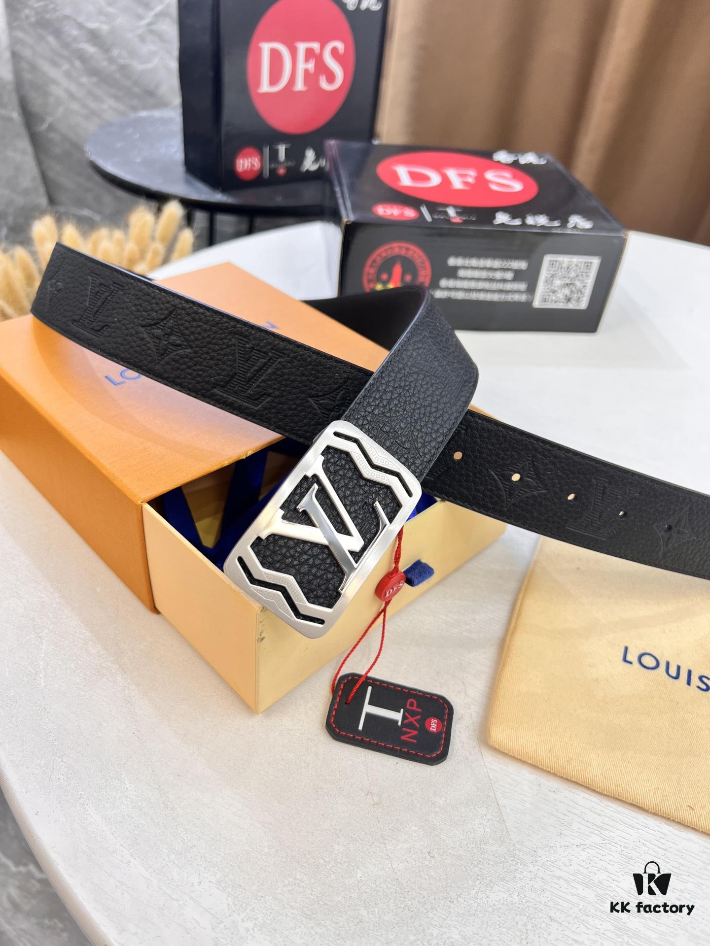 Top-Tier LV Louis Vuitton L-Logo Polished Stainless Steel Buckle Belt - Genuine French Imported Embossed Calfskin, 3.8cm Width, with NXP Anti-Counterfeit Chip (Original Gift Box Included)