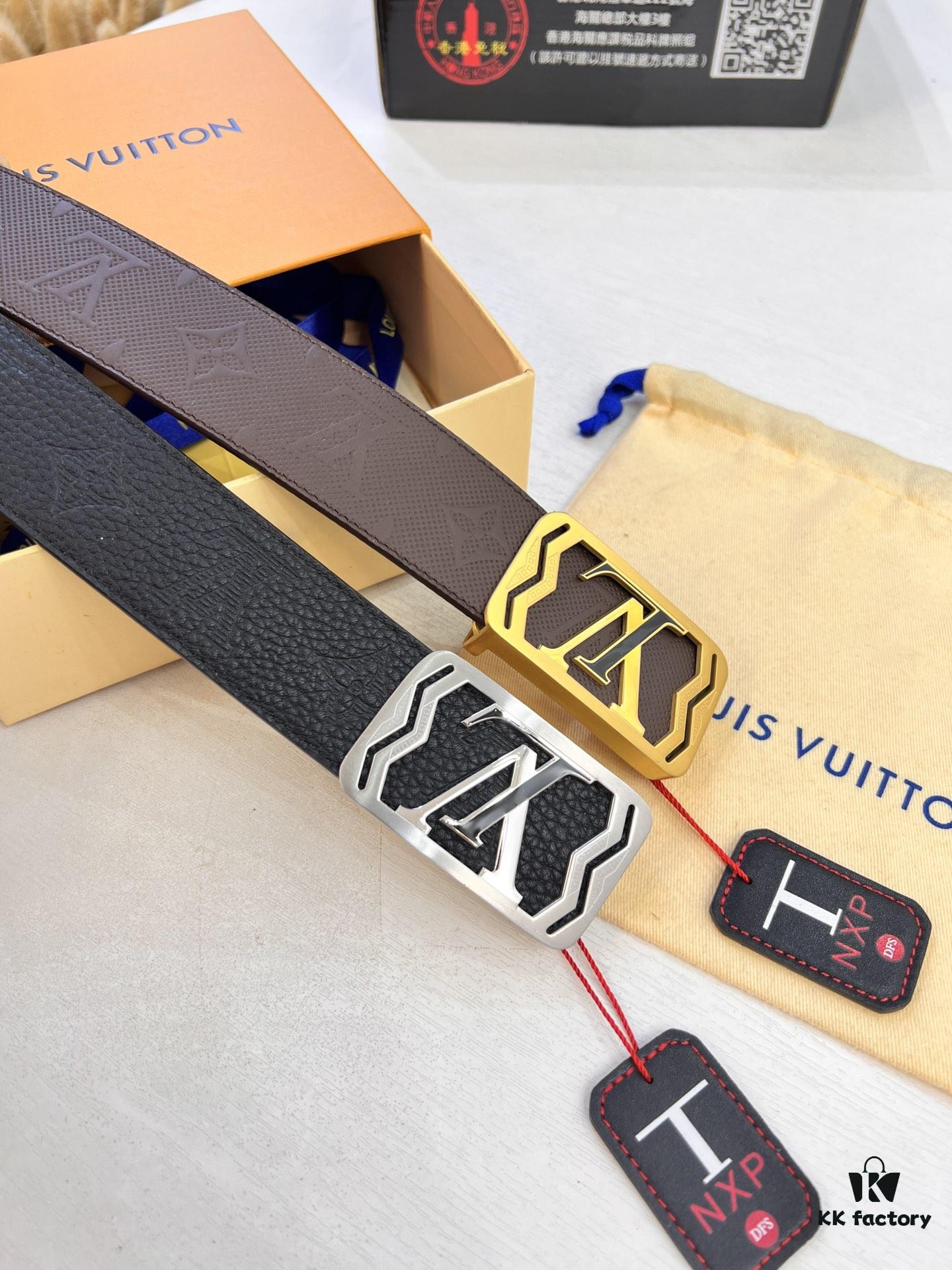 Top-Tier LV Louis Vuitton L-Logo Polished Stainless Steel Buckle Belt - Genuine French Imported Embossed Calfskin, 3.8cm Width, with NXP Anti-Counterfeit Chip (Original Gift Box Included)