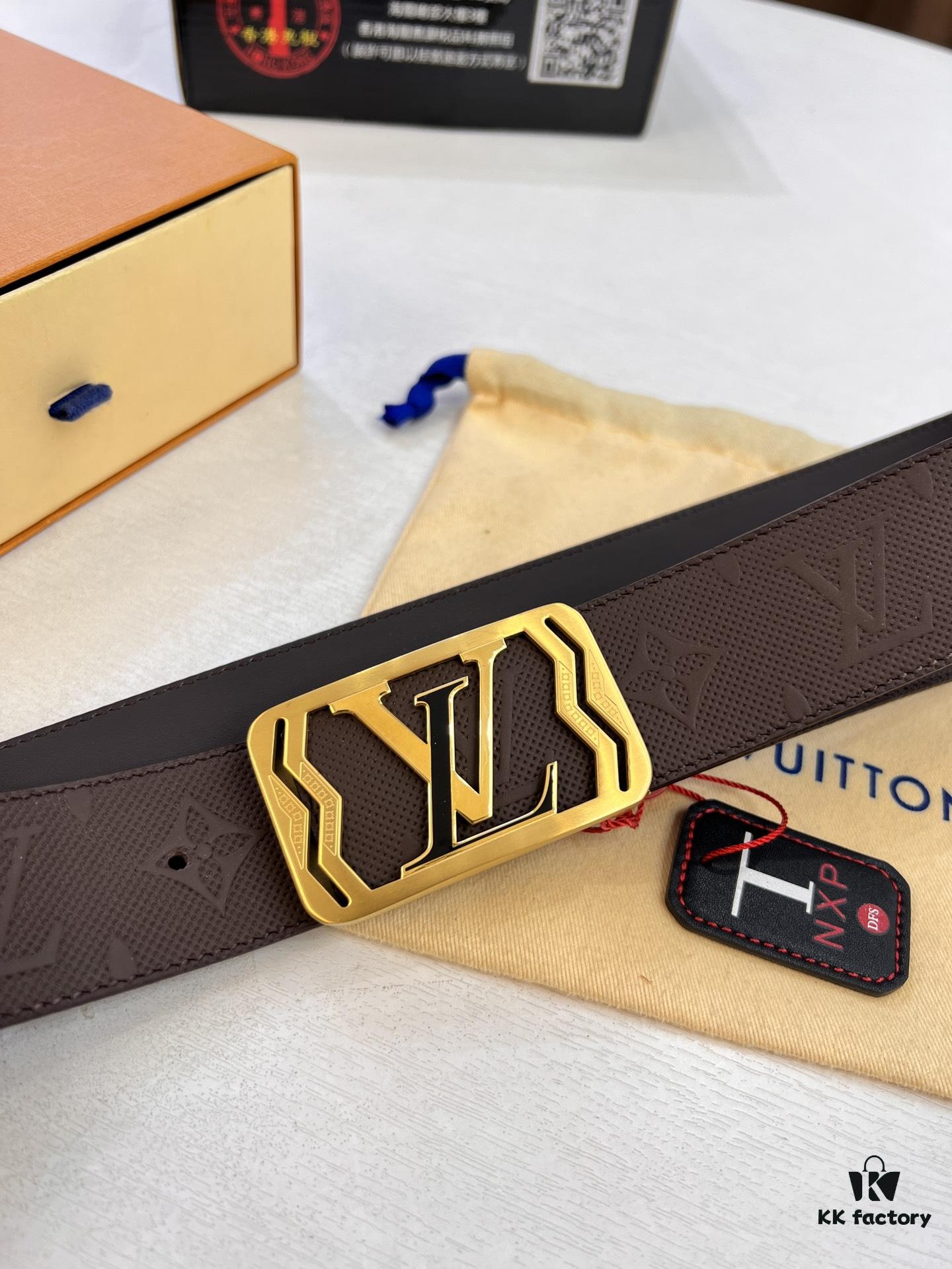 Top-Tier LV Louis Vuitton Belt - Genuine Mold L Letter Polished Stainless Steel Hardware, Inner Buckle Design, 3.8cm Width, Premium French Imported Embossed Cowhide Leather